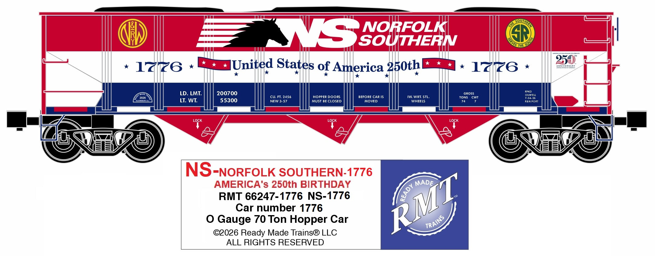 Ready Made Trains RMT-66247-1776 - 70 Ton 3-Bay Coal Hopper Car "Norfolk Southern" #1776 w/ Load