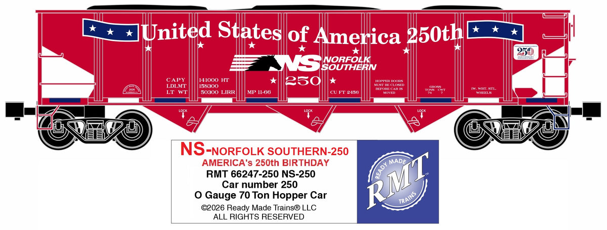 Ready Made Trains RMT-66247-250 - 70 Ton 3-Bay Coal Hopper Car "Norfolk Southern" #250 w/ Load