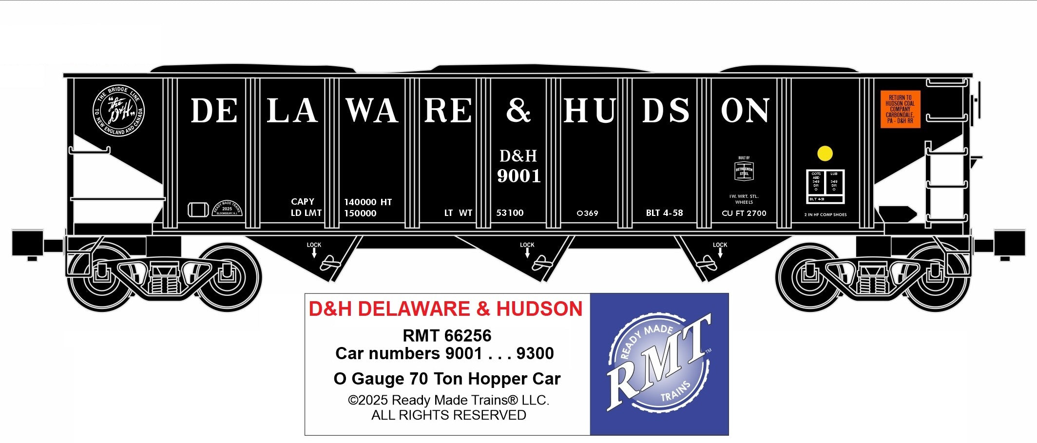 Ready Made Trains RMT-66256 - 70 Ton 3-Bay Coal Hopper Car "Delaware & Hudson" w/ Load