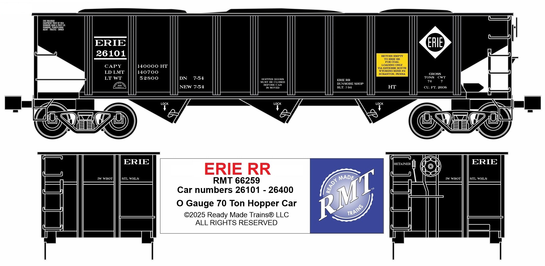 Ready Made Trains RMT-66259 - 70 Ton 3-Bay Coal Hopper Car "Erie"