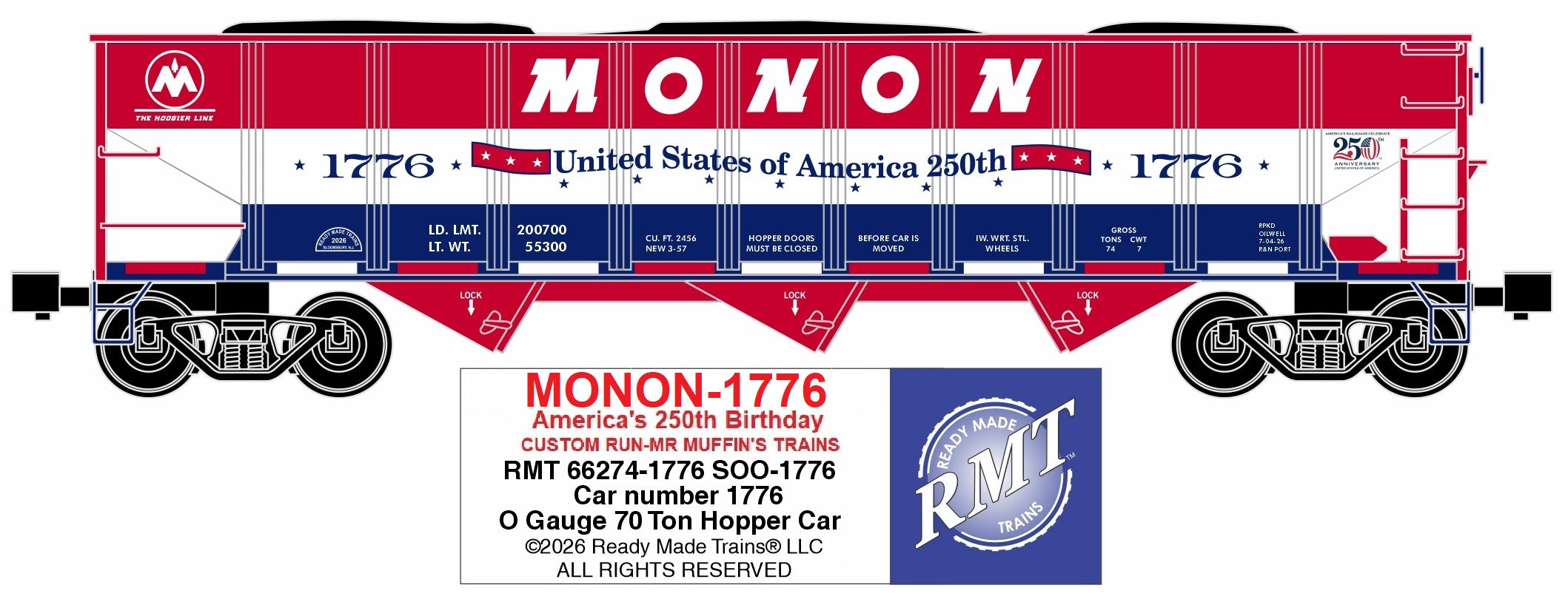 Ready Made Trains RMT-66260-1776 - 70 Ton 3-Bay Coal Hopper Car " Monon" #1776 w/ Load - Custom Run for MrMuffin'sTrains