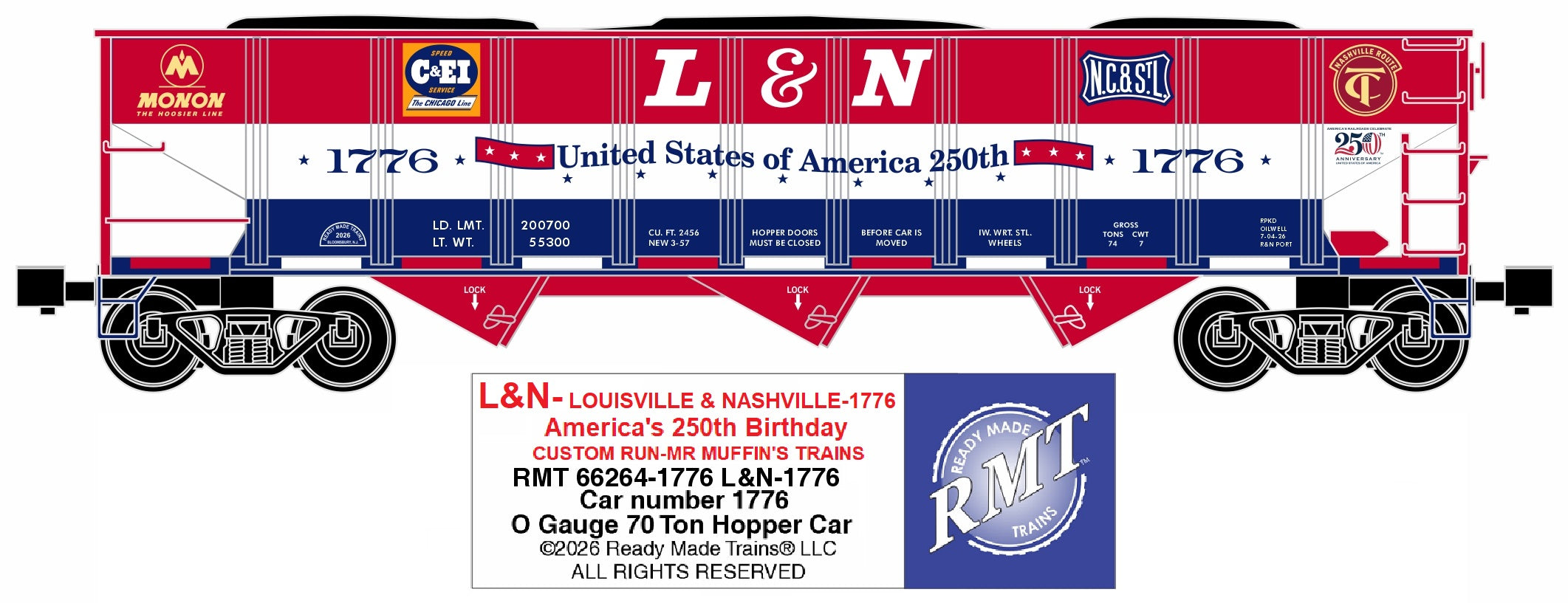 Ready Made Trains RMT-66264-1776 - 70 Ton 3-Bay Coal Hopper Car "Louisville &amp; Nashville" #1776 w/ Load - Custom Run for MrMuffin'sTrains