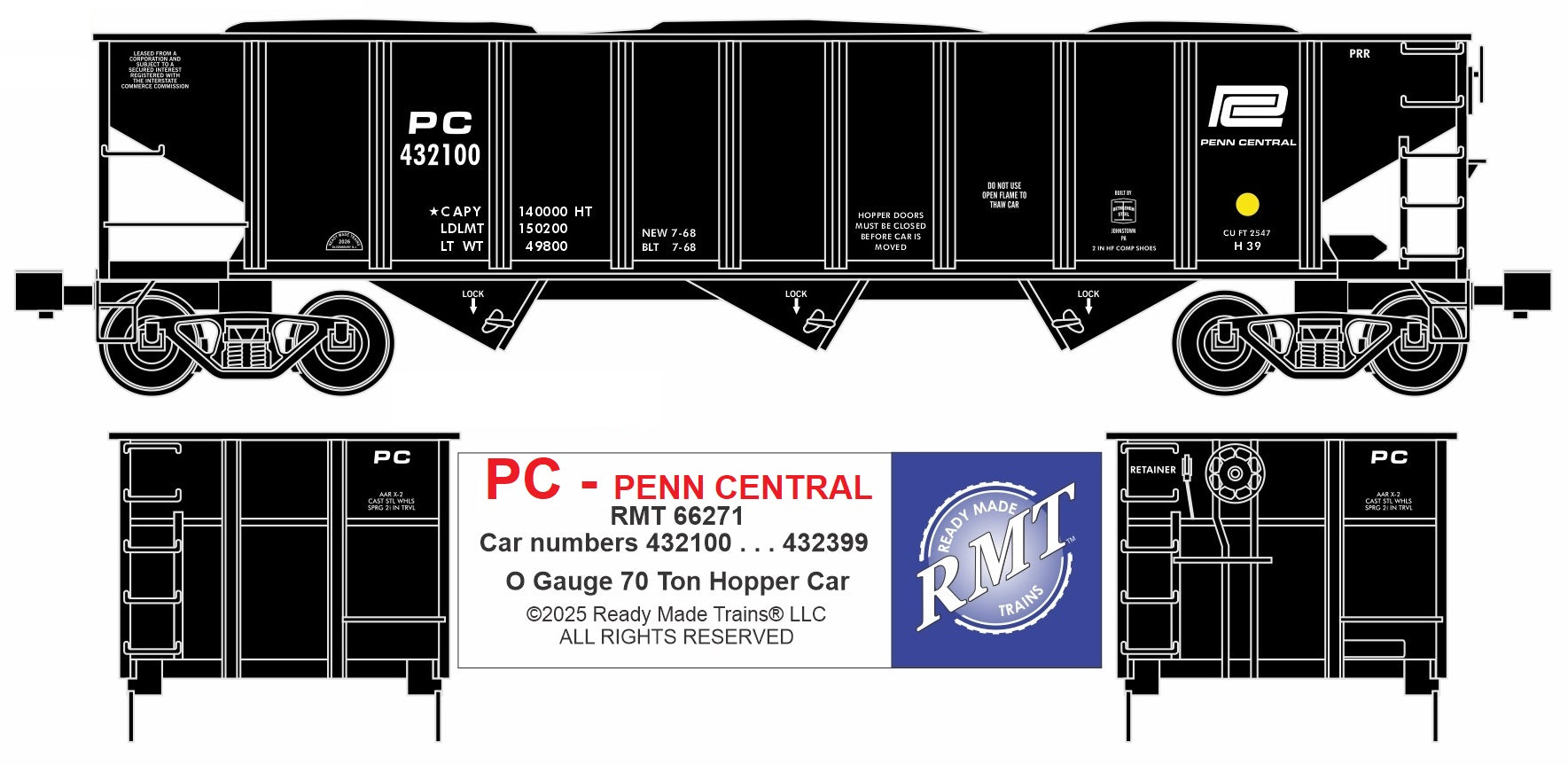 Ready Made Trains RMT-66271 - 70 Ton 3-Bay Coal Hopper Car "Penn Central"