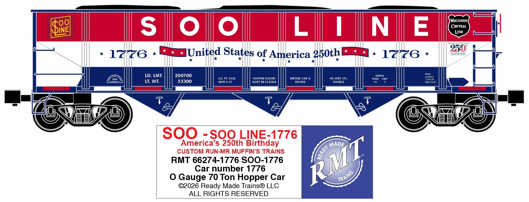 Ready Made Trains RMT-66274-1776 - 70 Ton 3-Bay Coal Hopper Car "Soo Line" #1776 w/ Load - Custom Run for MrMuffin'sTrains