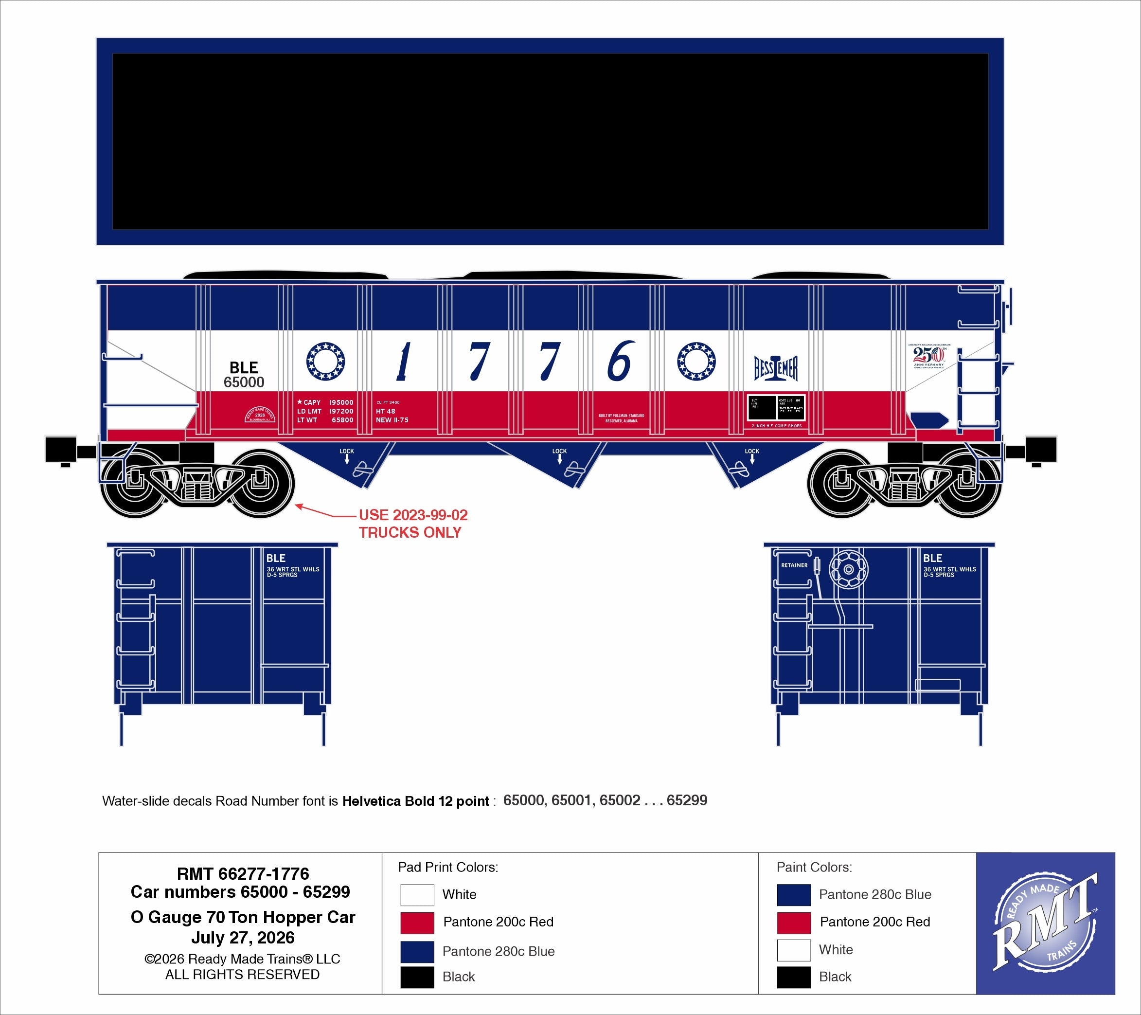Ready Made Trains RMT-66277-1776 - 70 Ton 3-Bay Coal Hopper Car "Bessemer & Lake Erie" w/ Load - Custom Run for MrMuffin'sTrains