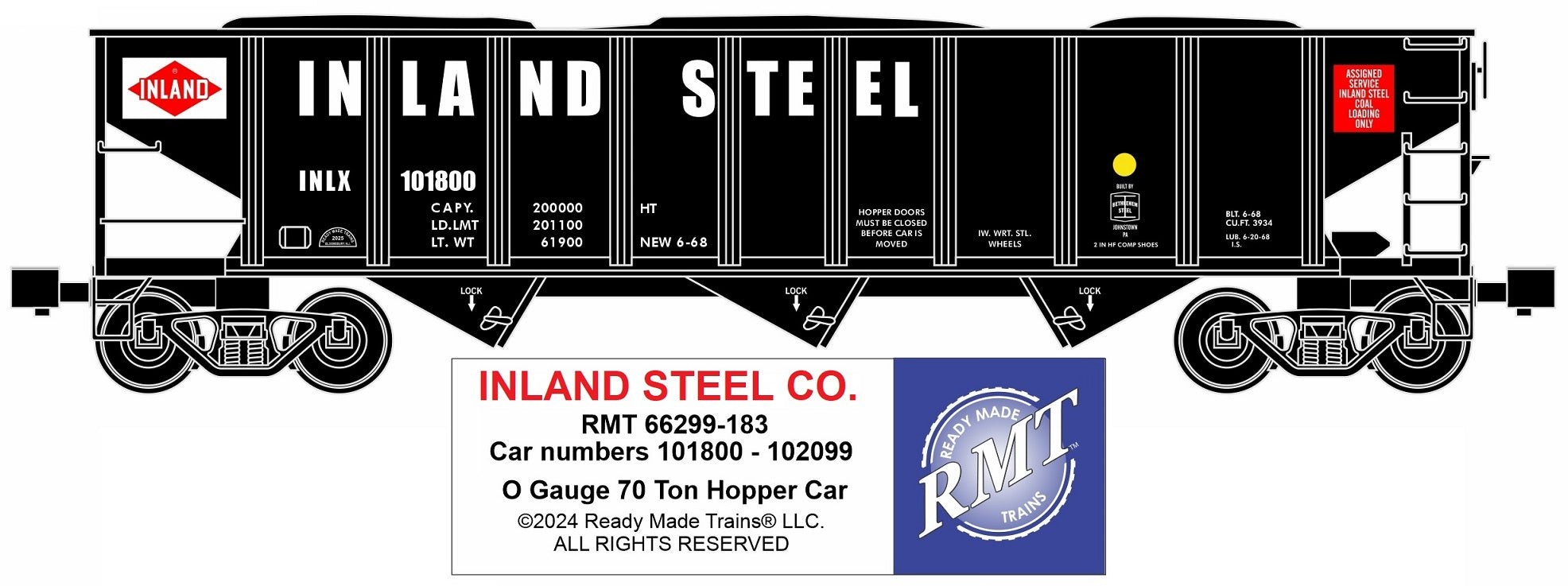 Ready Made Trains RMT-66299-183 - 70 Ton 3-Bay Coal Hopper Car "Inland Steel Co" w/ Load