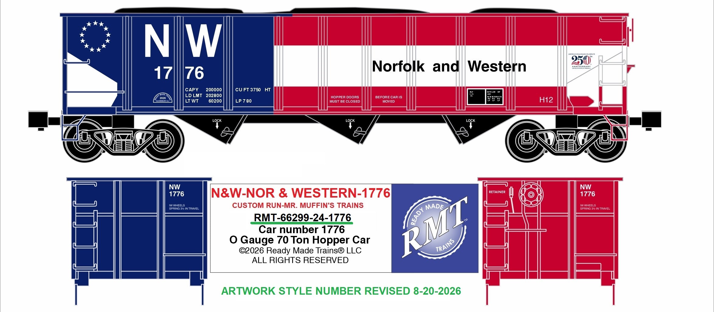 Ready Made Trains RMT-66299-24-1776 - 70 Ton 3-Bay Coal Hopper Car "Norfolk & Western" #1776 w/ Load - Custom Run for MrMuffin'sTrains