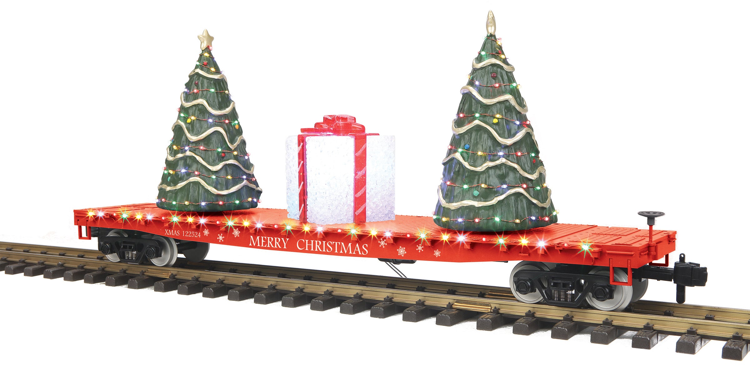 MTH 70-76067 - Flat Car "Christmas" #122524 w/ Lighted Christmas Trees (Red)