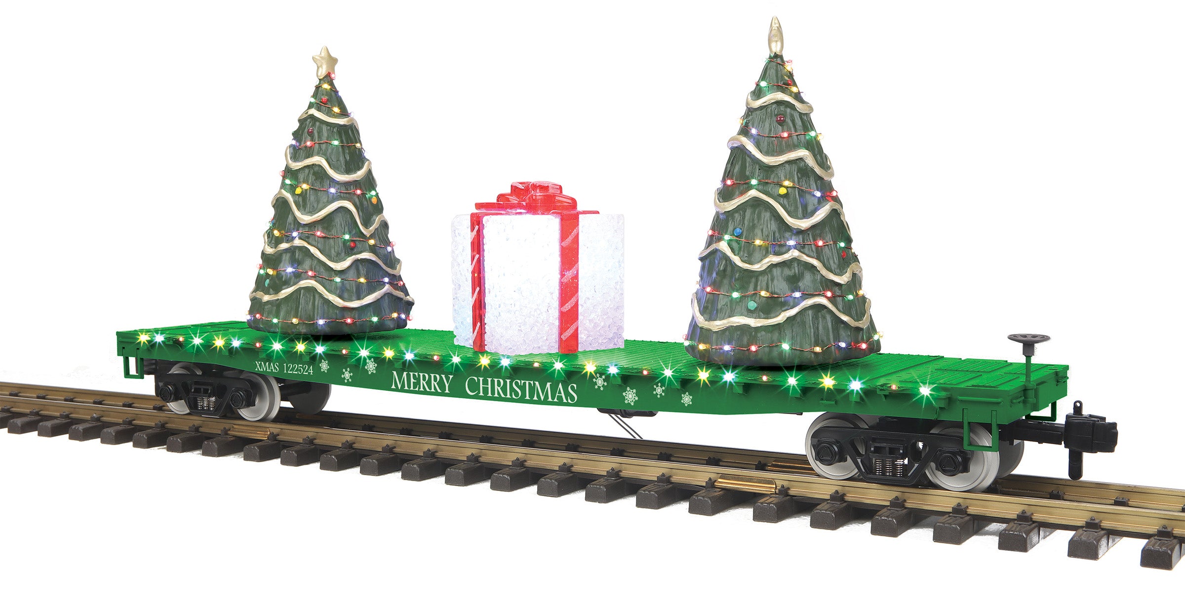MTH 70-76068 - Flat Car "Christmas" #122524 w/ Lighted Christmas Trees (Green)