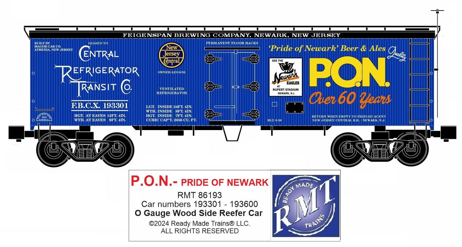 Ready Made Trains RMT-86193 - 36' Woodside Reefer Car "Pride of Newark Beer" (P.O.N)