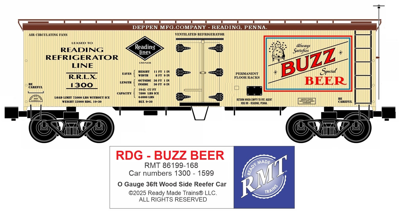 Ready Made Trains RMT-86199-168 - 36' Woodside Reefer Car "Reading Lines" (Buzz Beer) - MrMuffin'sTrains
