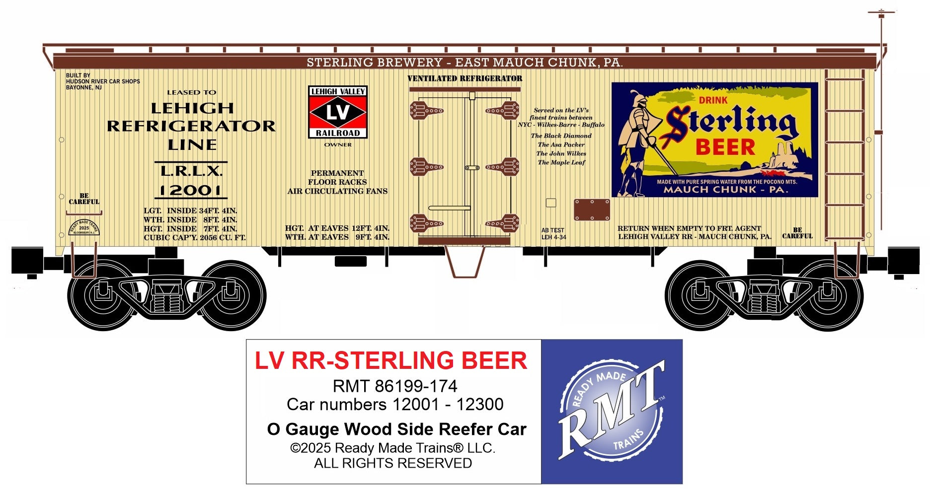 Ready Made Trains RMT-86199-174 - 36' Woodside Reefer Car "Lehigh Valley" (Sterling Beer) - MrMuffin'sTrains