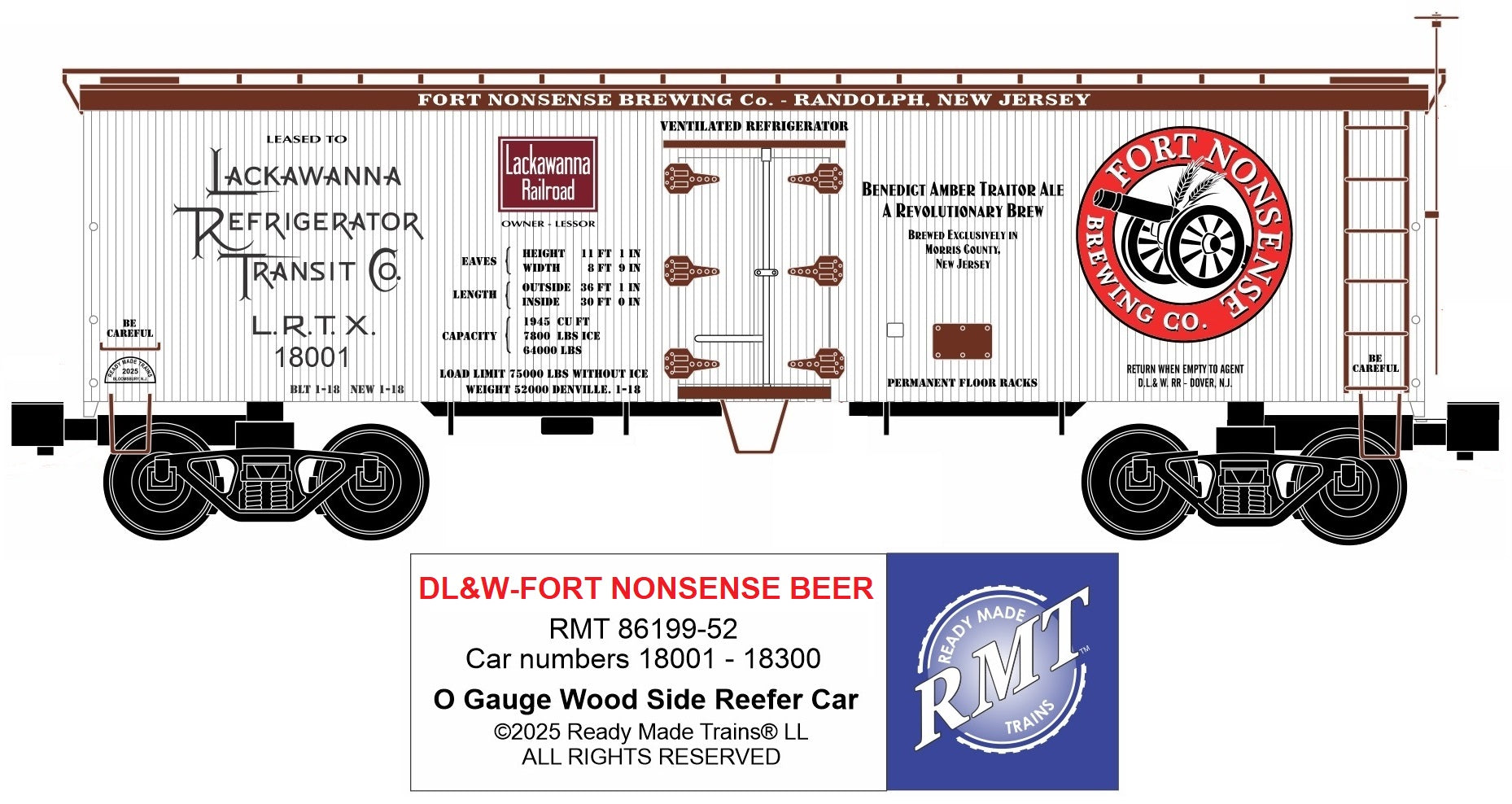 Ready Made Trains RMT-86199-52 - 36' Woodside Reefer Car "Lackawanna" (Fort Nonsense Beer) - MrMuffin'sTrains