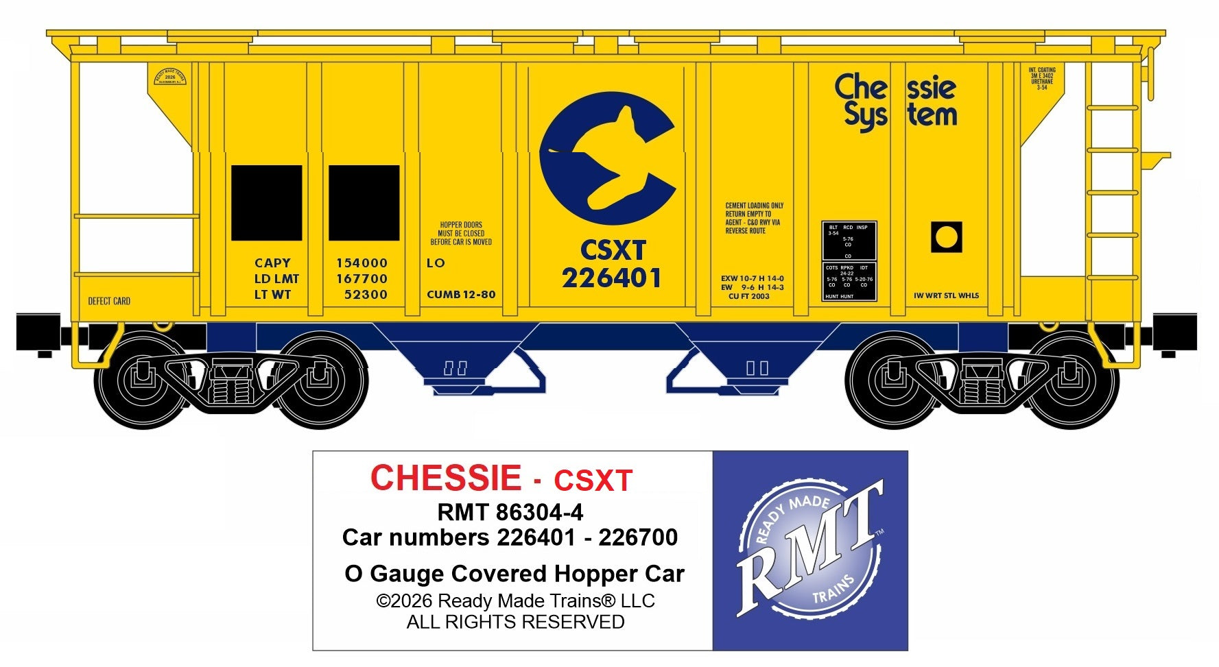 Ready Made Trains RMT-86304-4 - 2-Bay Covered Hopper Car "CSXT" (Chessie)