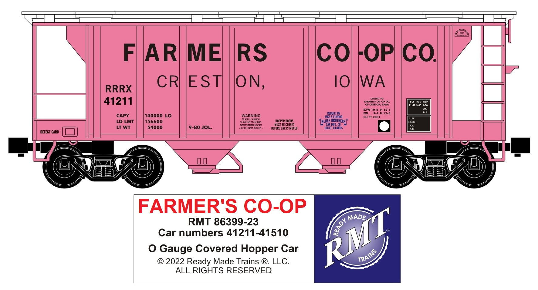 Ready Made Trains RMT-86399-23 - 2-Bay Covered Hopper Car "Farmer Co-op Grain"