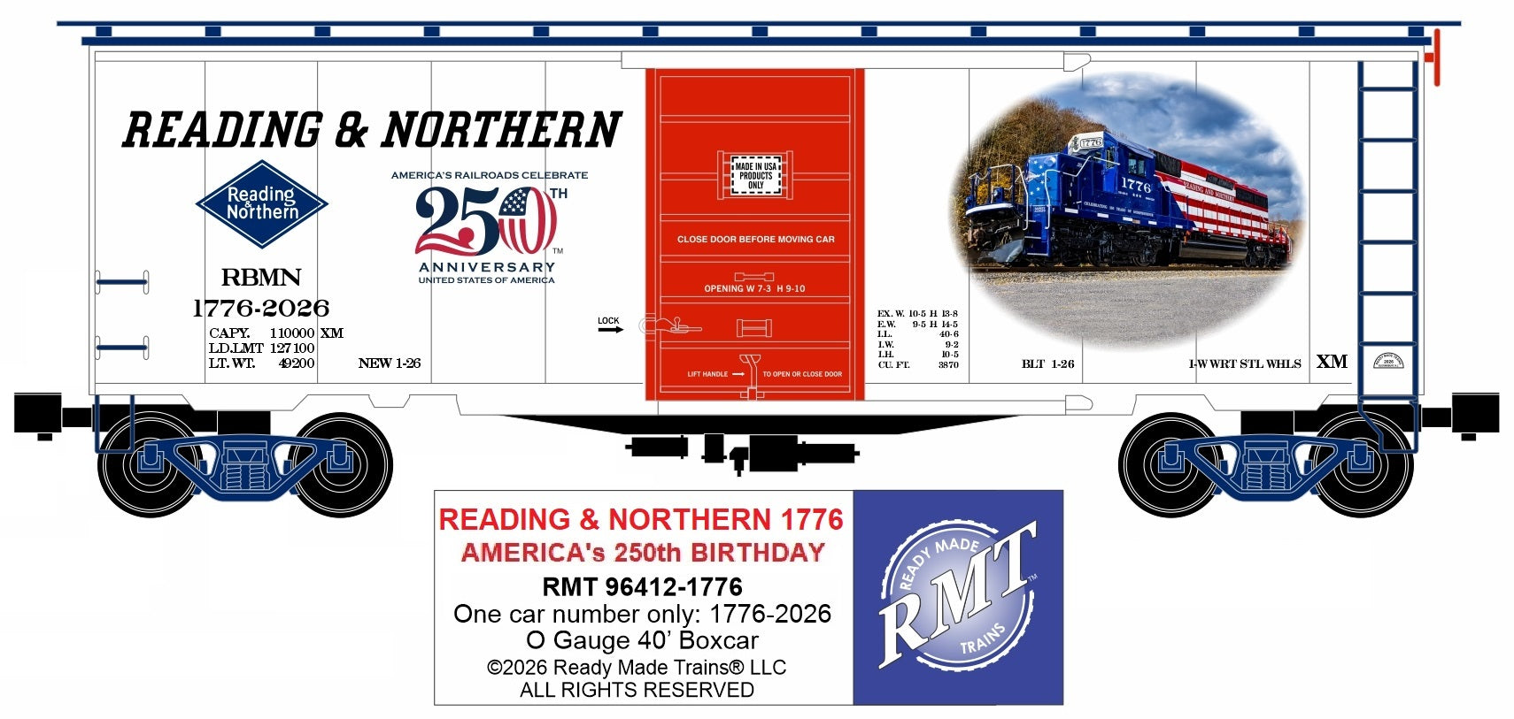 Ready Made Trains RMT-96412-1776 - 40" PS-1 Boxcar "Reading & Northern" #1776-2026