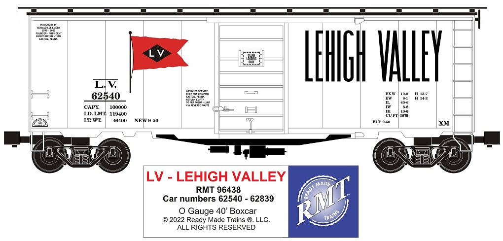 Ready Made Trains RMT-96438 - 40" PS-1 Boxcar "Lehigh Valley" (White)