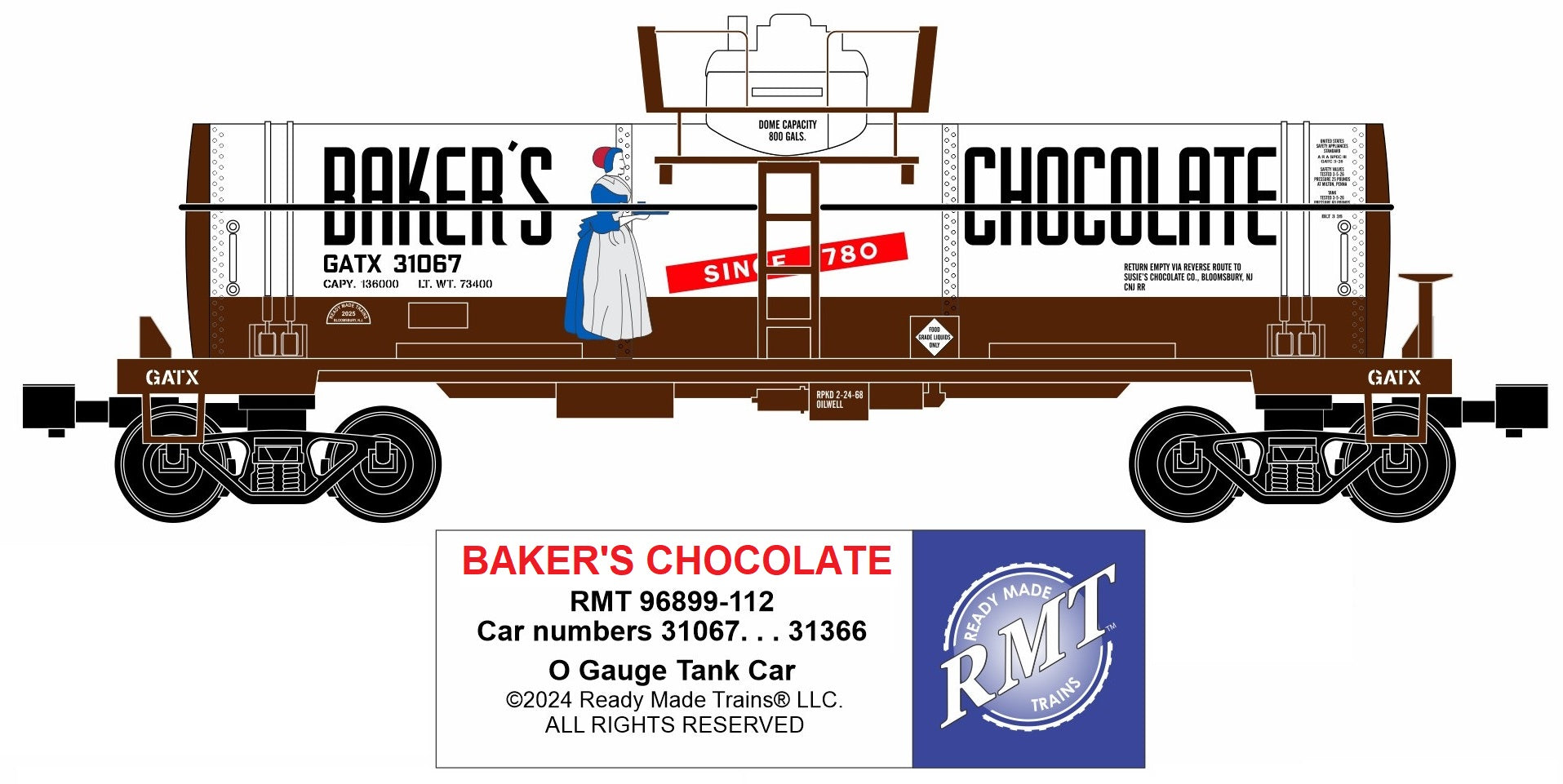 Ready Made Trains RMT-96899-112 - 8000 Gallon Single Dome Tank Car "Baker’s Chocolate"
