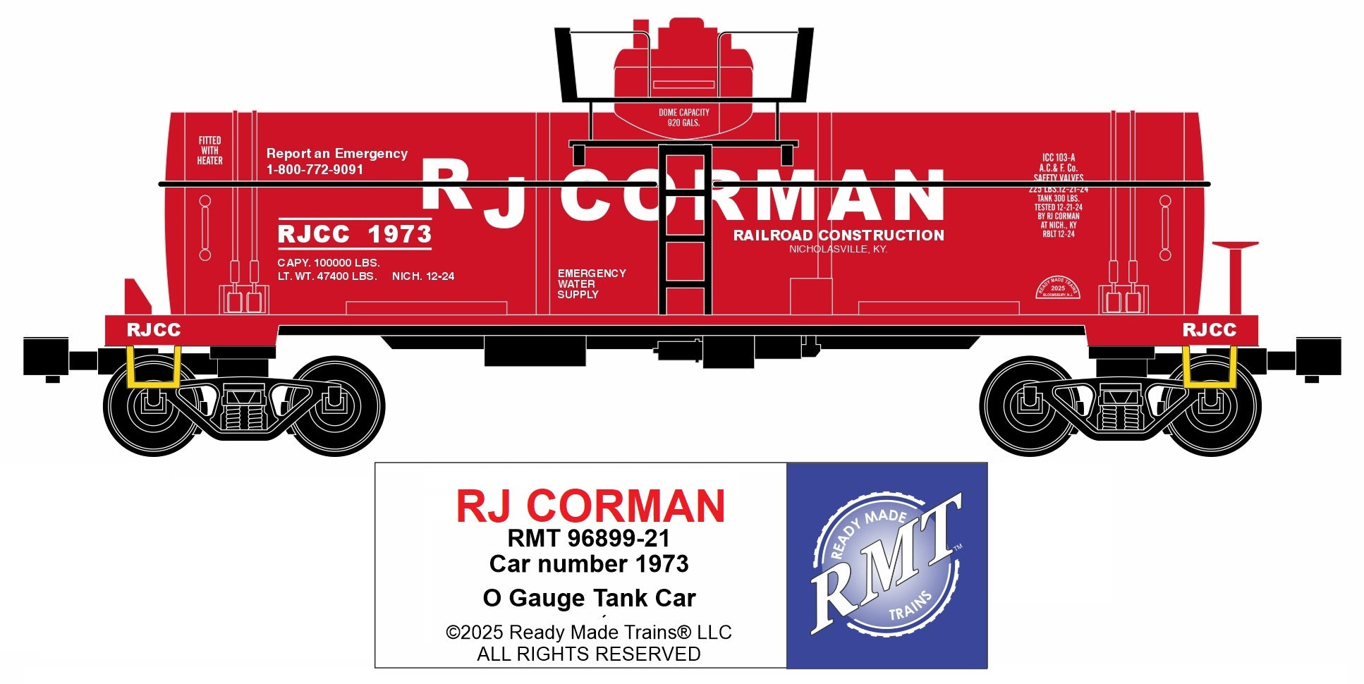 Ready Made Trains RMT-96899-21 - 8000 Gallon Single Dome Tank Car "RJ Corman" #1973