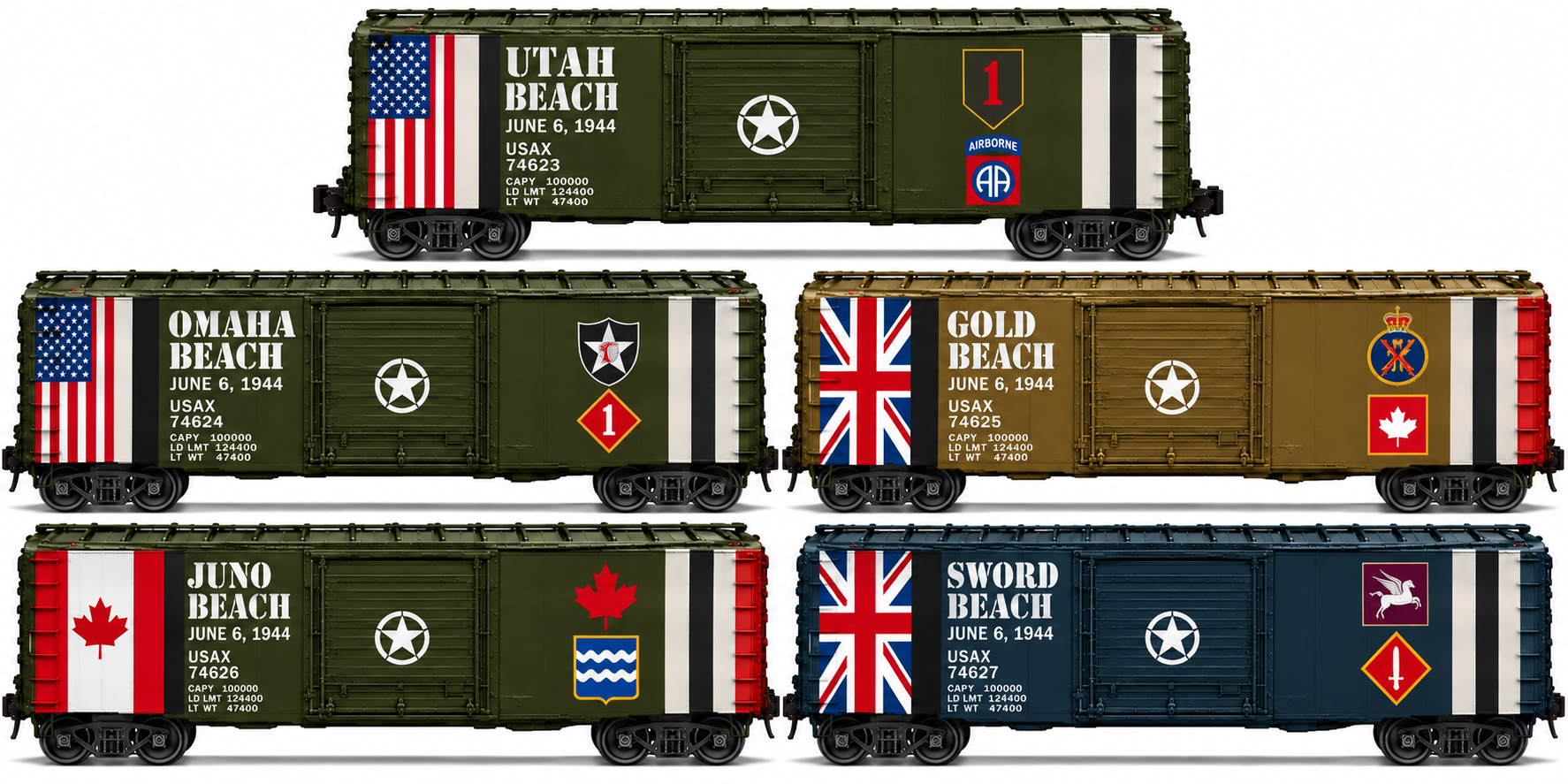 MTH 20-995DD - Premier - 50’ Ps-1 Box Car "U.S. Army" w/ Pullman Standard Door Set (D-Day Heritage) 6-Car - Custom Run for MrMuffin'sTrains