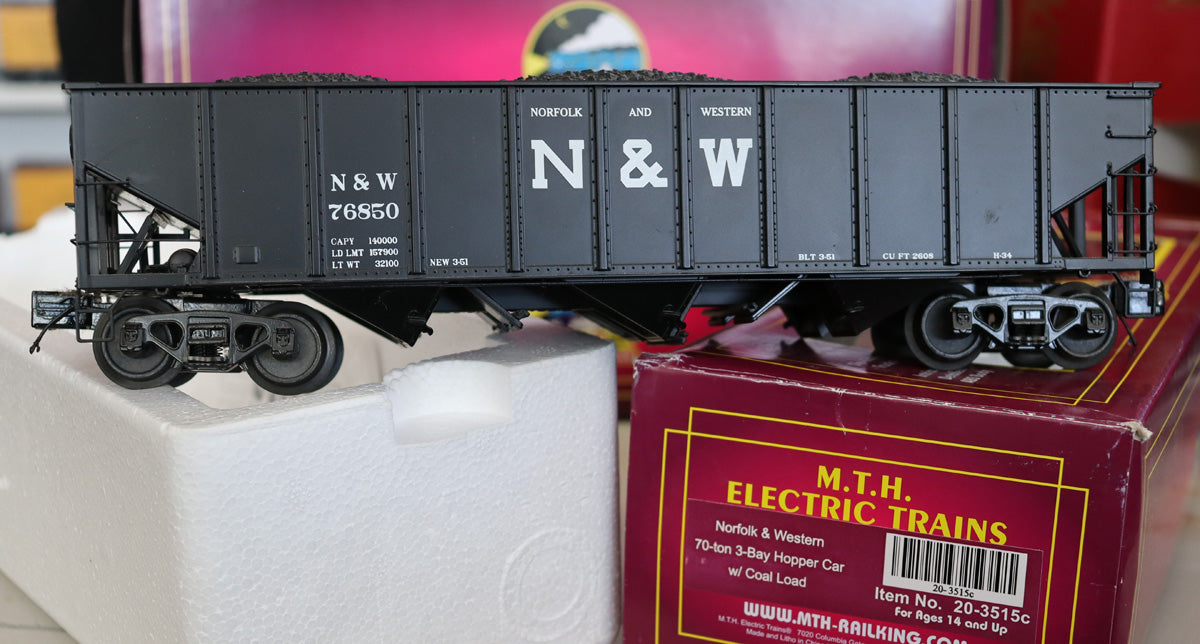 MTH 20-90852 Norfolk & Western 70 Ton 3-Bay Hopper Car w/ Coal Load 6 Car Set-Second hand-M5225