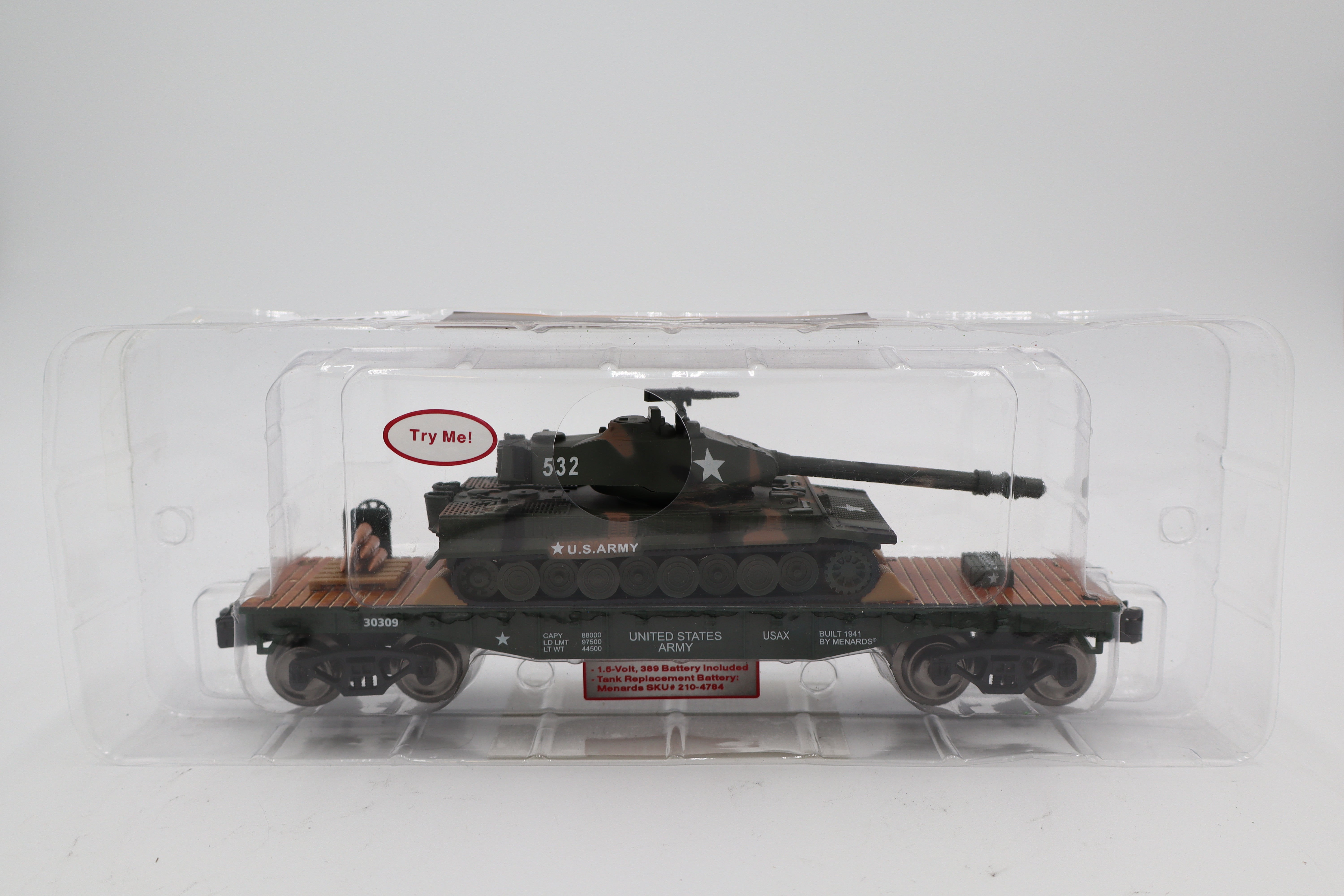 Menards #279-3572 Army Flatcar and Tank w/ Lights & Sound-Second hand-M8457