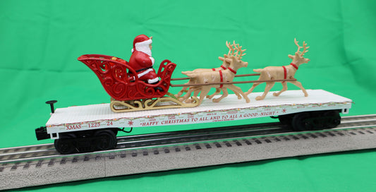 MTH 30-76919 - RailKing - Flat Car "Christmas" #122524 w/ LED Lights, Santa Sleigh & Reindeer (White) - MrMuffin'sTrains