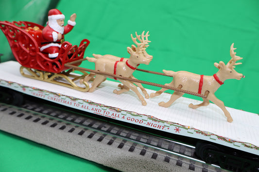 MTH 30-76919 - RailKing - Flat Car "Christmas" #122524 w/ LED Lights, Santa Sleigh & Reindeer (White) - MrMuffin'sTrains