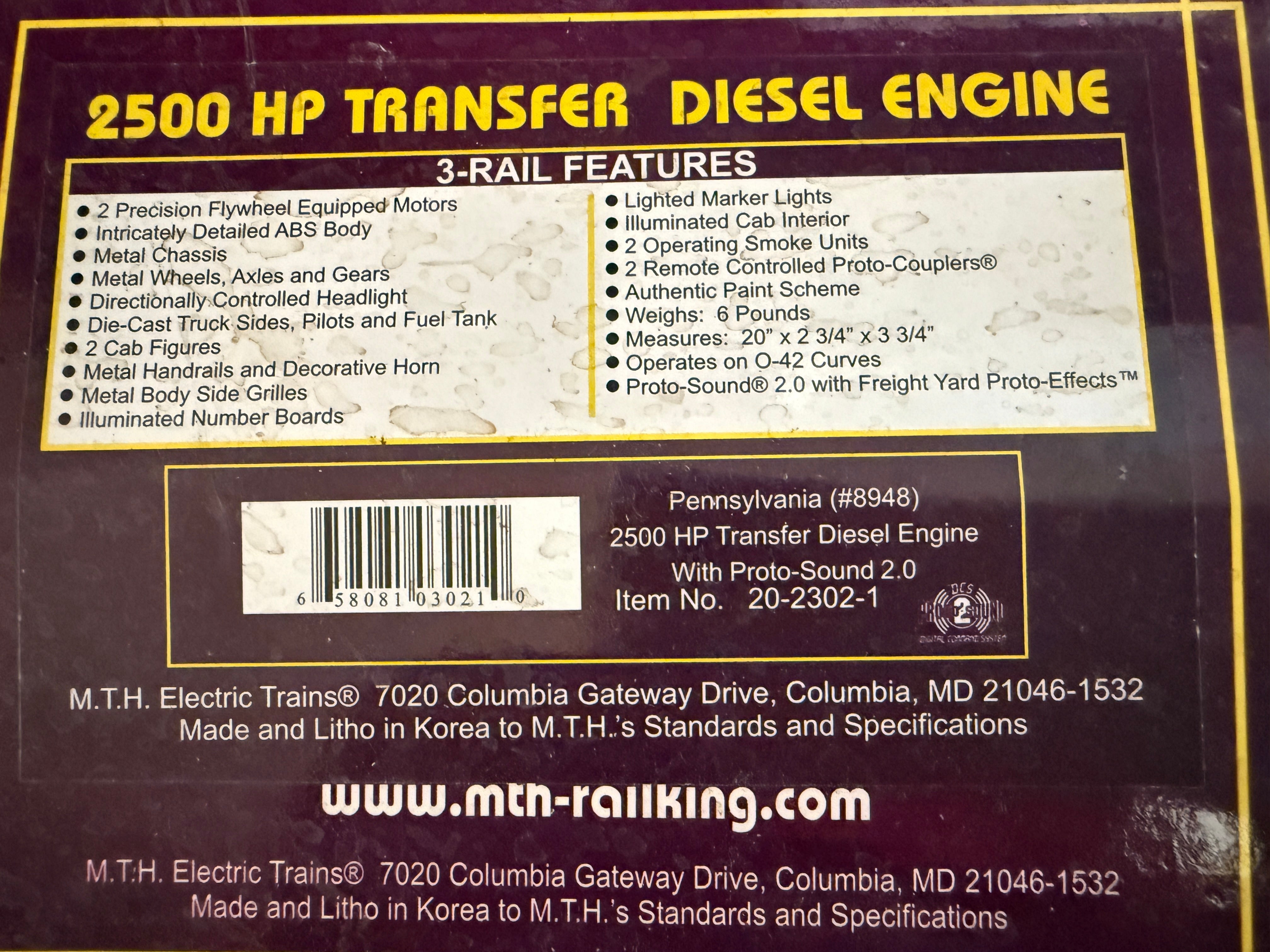 MTH 20-2302-1 2500 HP Transfer Diesel Engine - Pennsylvania #8948 - Weathered