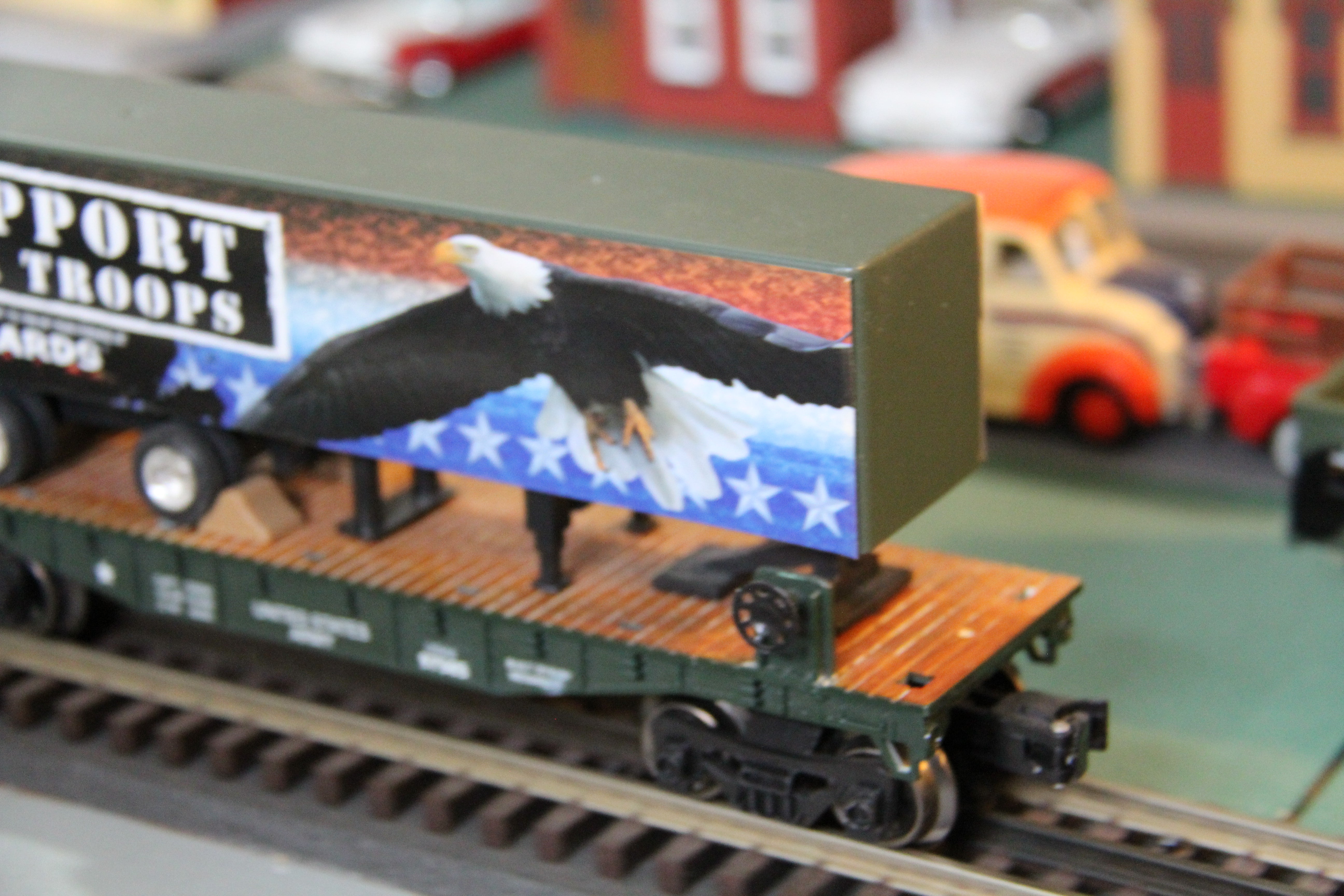 Menards #279-3093 Military Flatcar w/ Support Our Troops Trailer-Second hand-M4260