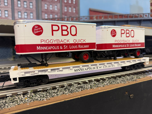 MTH 20-95736 - Flat Car "Minneapolis & St Louis" #1259 w/ (2) PUP Trailers - Custom Run for MrMuffin'sTrains - MrMuffin'sTrains