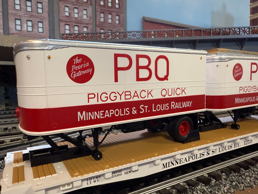 MTH 20-95736 - Flat Car "Minneapolis & St Louis" #1259 w/ (2) PUP Trailers - Custom Run for MrMuffin'sTrains - MrMuffin'sTrains