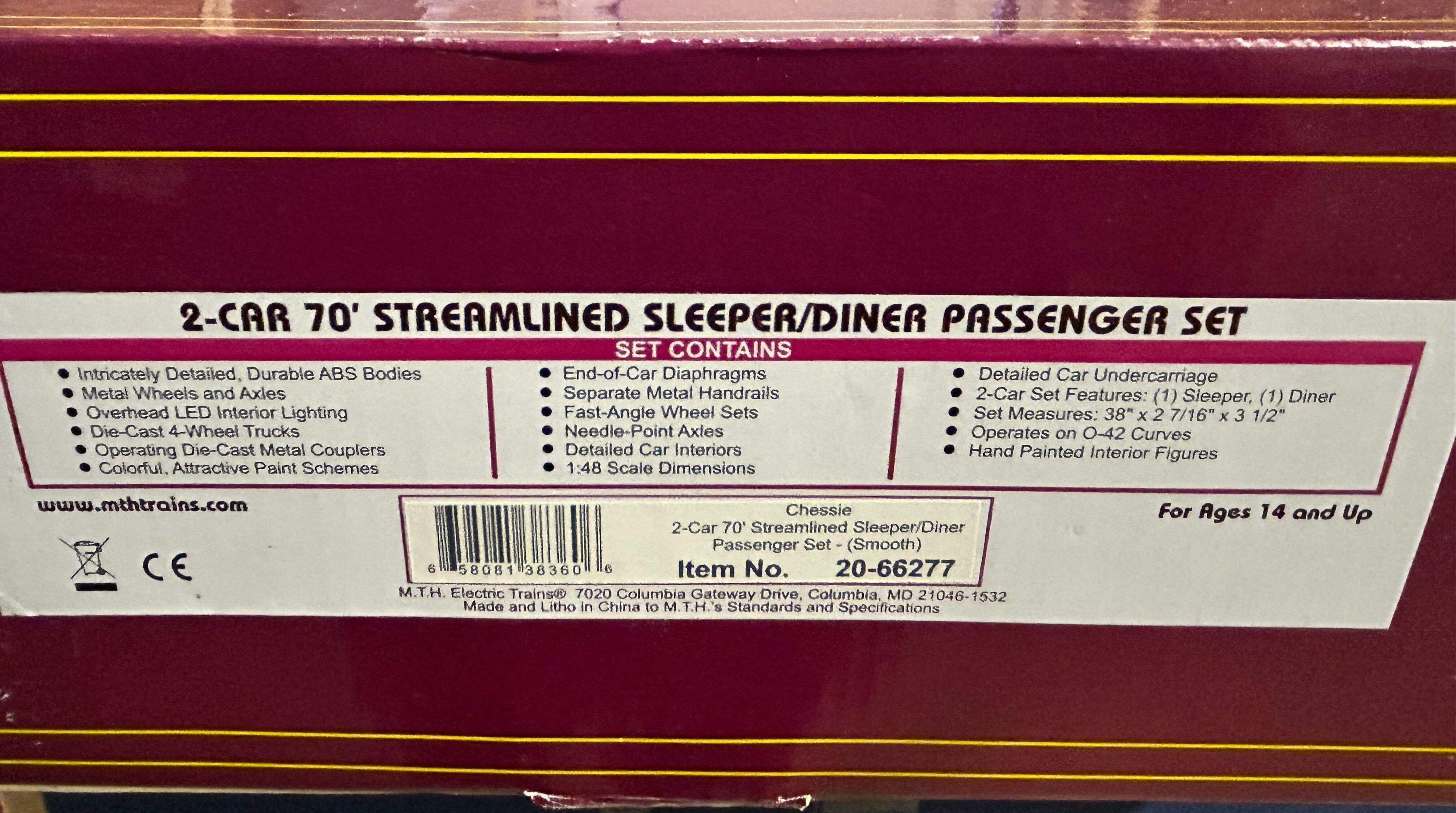 MTH 20-66277 Chessie 70' Streamlined Passenger-Sleeper/Diner- 2 Car Set (Smooth)-Second hand-M5170