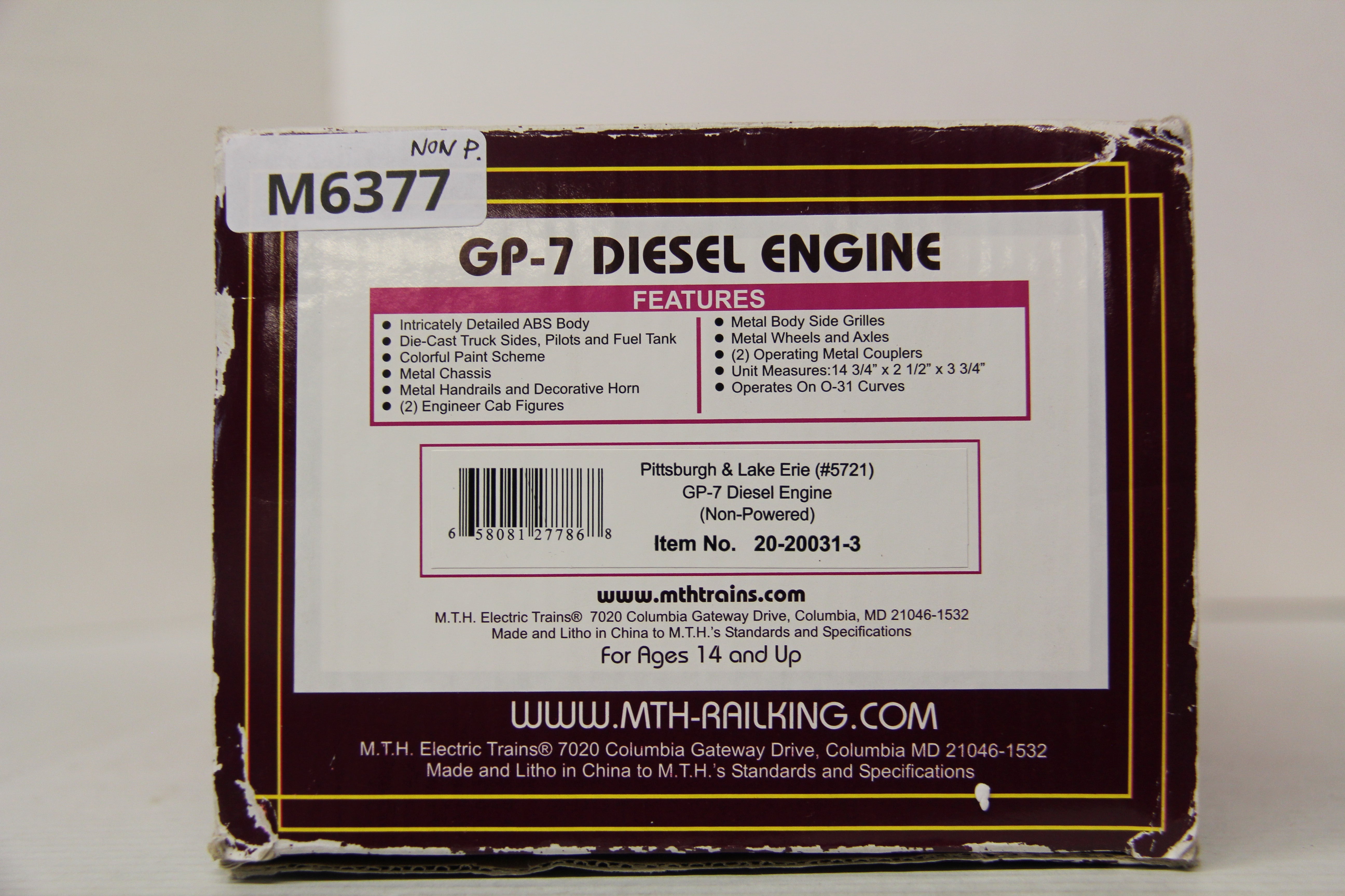 MTH 20-20031-3 Pittsburgh & Lake Erie GP-7 Diesel Engine Non-Powered #5721-Second hand-M6377