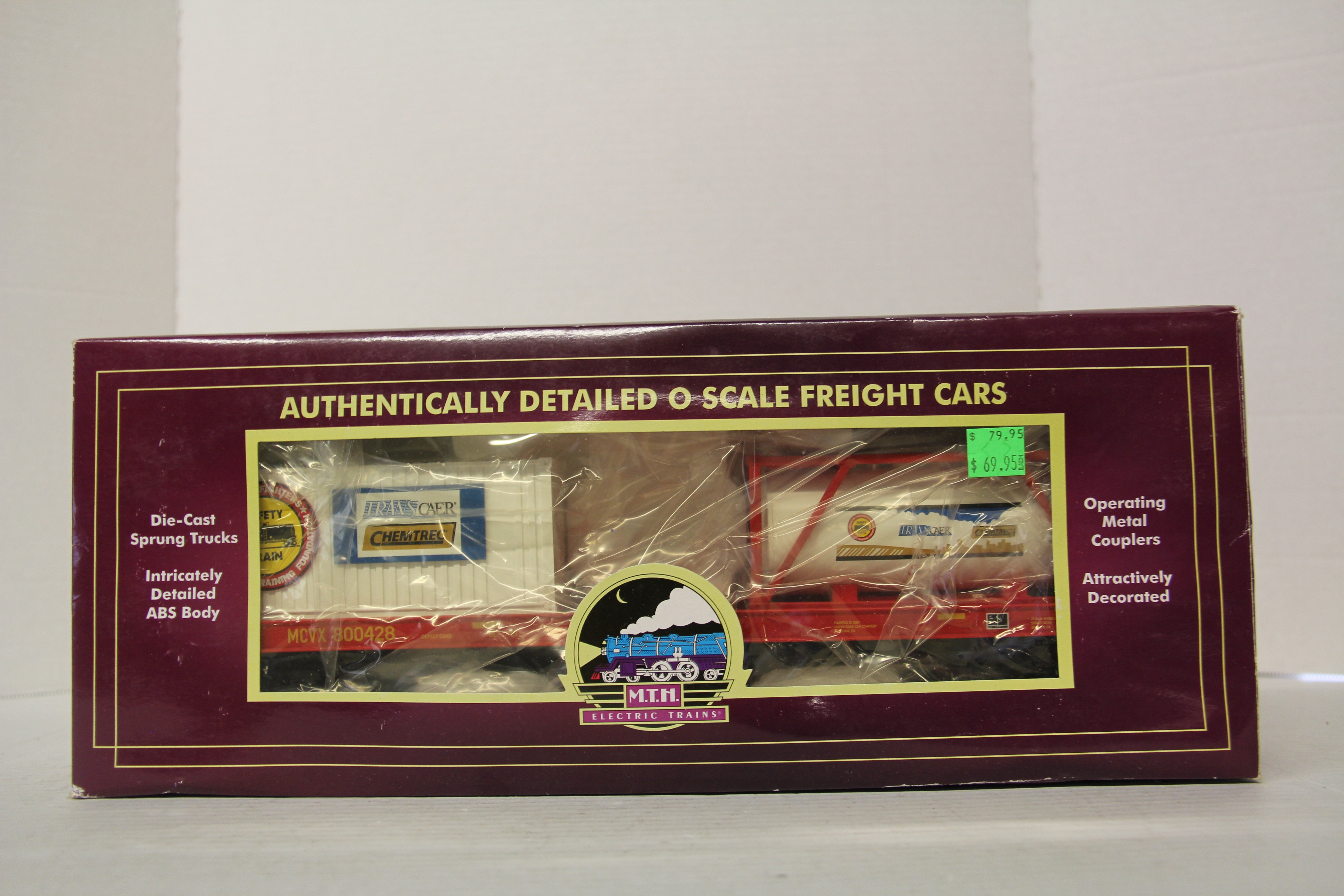 MTH 20-95222 Safety Train Flat Car w/ Tank Container & 20' Container-Second hand-M6392