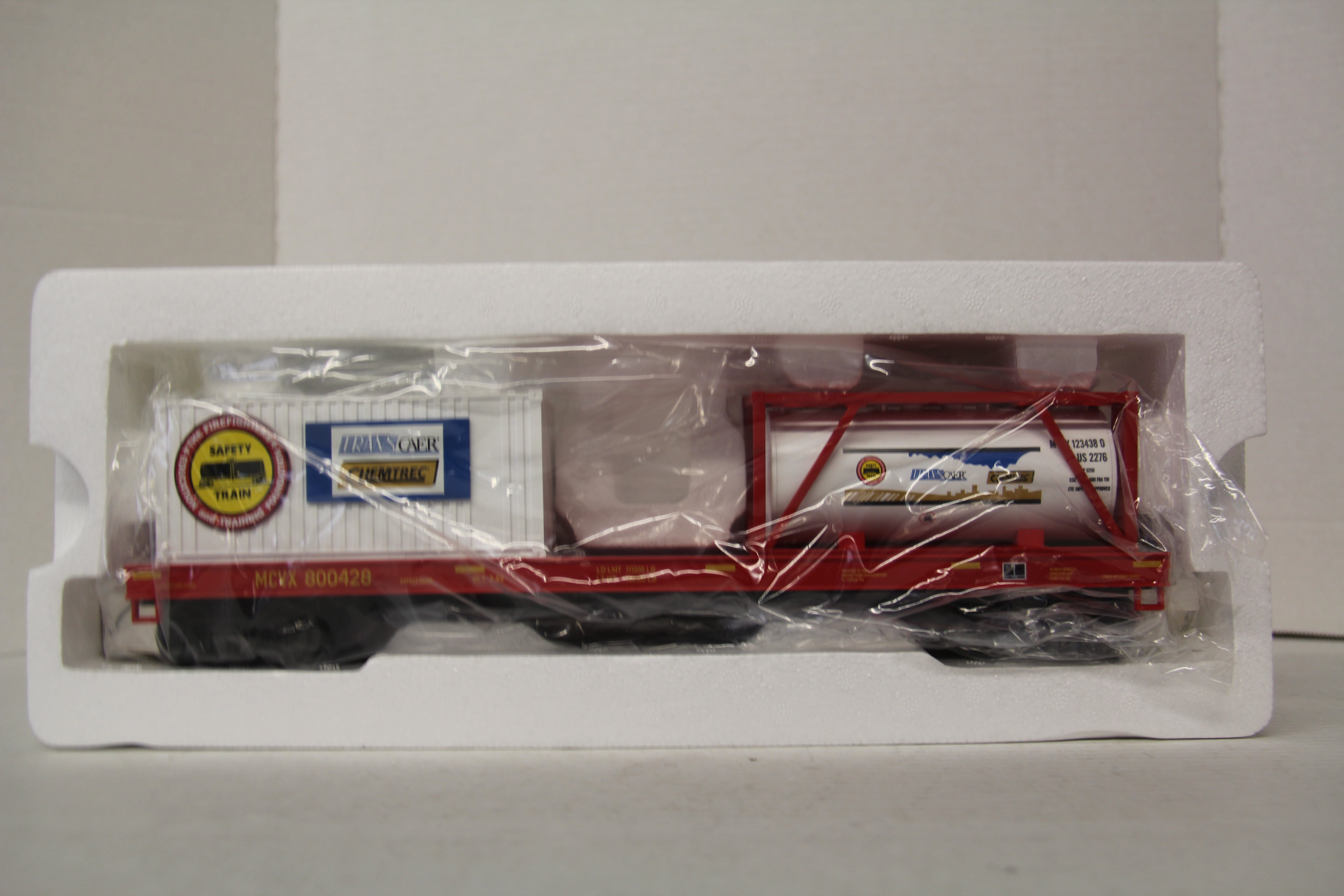 MTH 20-95222 Safety Train Flat Car w/ Tank Container & 20' Container-Second hand-M6392