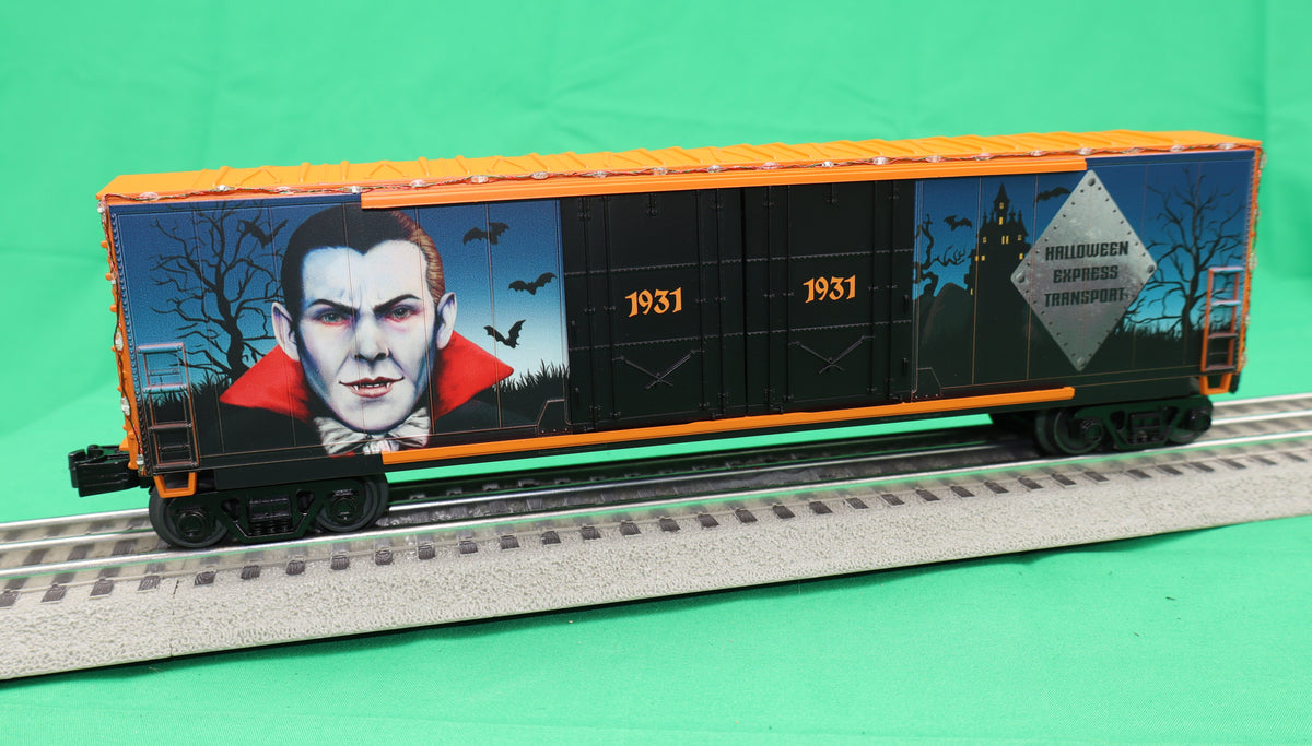 MTH 30-70149 - RailKing - 50’ Double Door Plugged Box Car Set "Halloween" w/ LED Lights Set (4-Car)