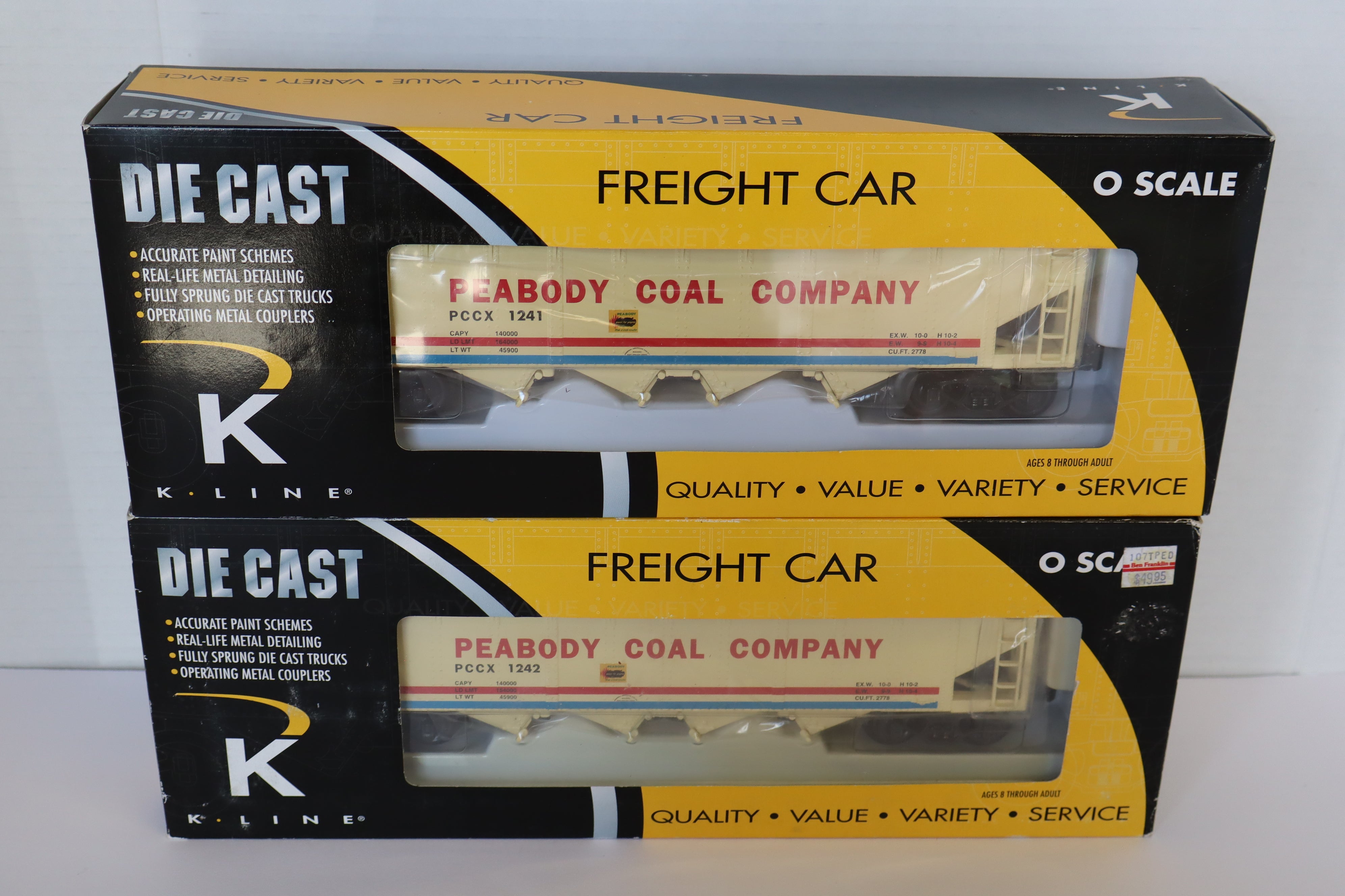 K Line Diecast K623-8018 & K623-8019 Peabody Coal Company Hopper w/ Coal Load-2 Set-Second hand-M7943