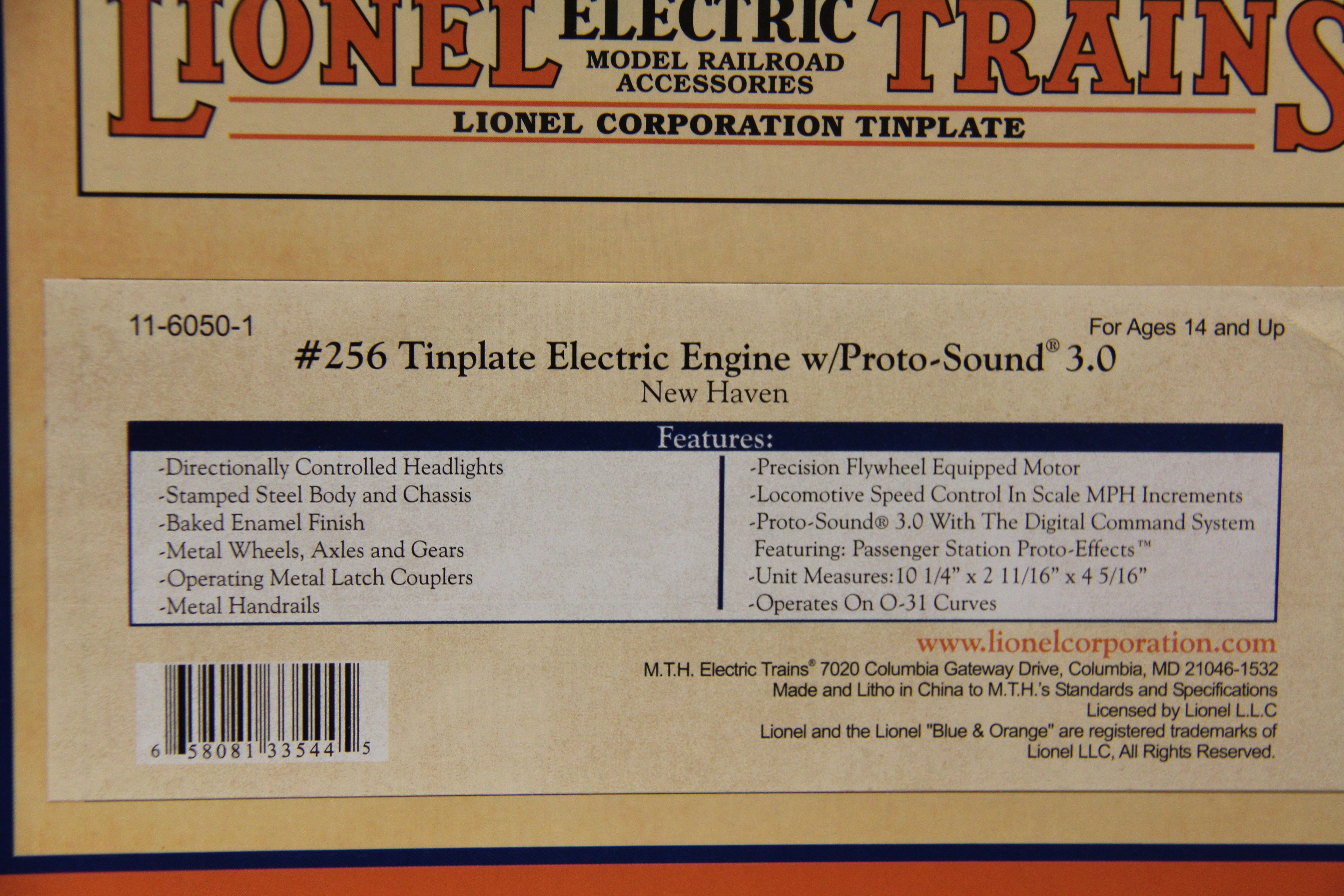 MTH Lionel 11-6050-1 New Haven #256 Tinplate Electric Engine w. Proto-Sound 3.0-Second hand-M4646