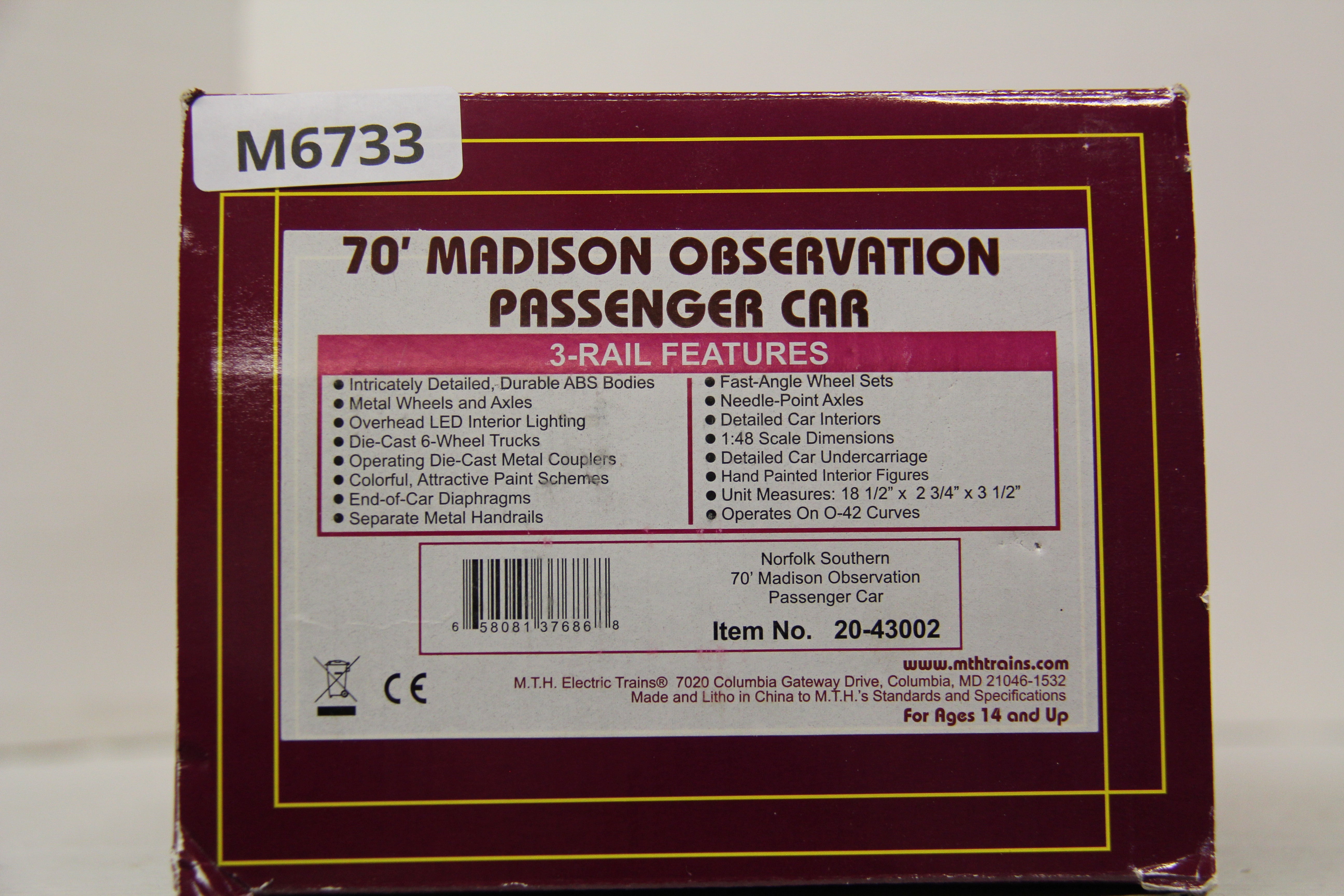 MTH 20-43002 Norfolk Southern 70' Madison Observation Passenger Car-Second hand-M6733
