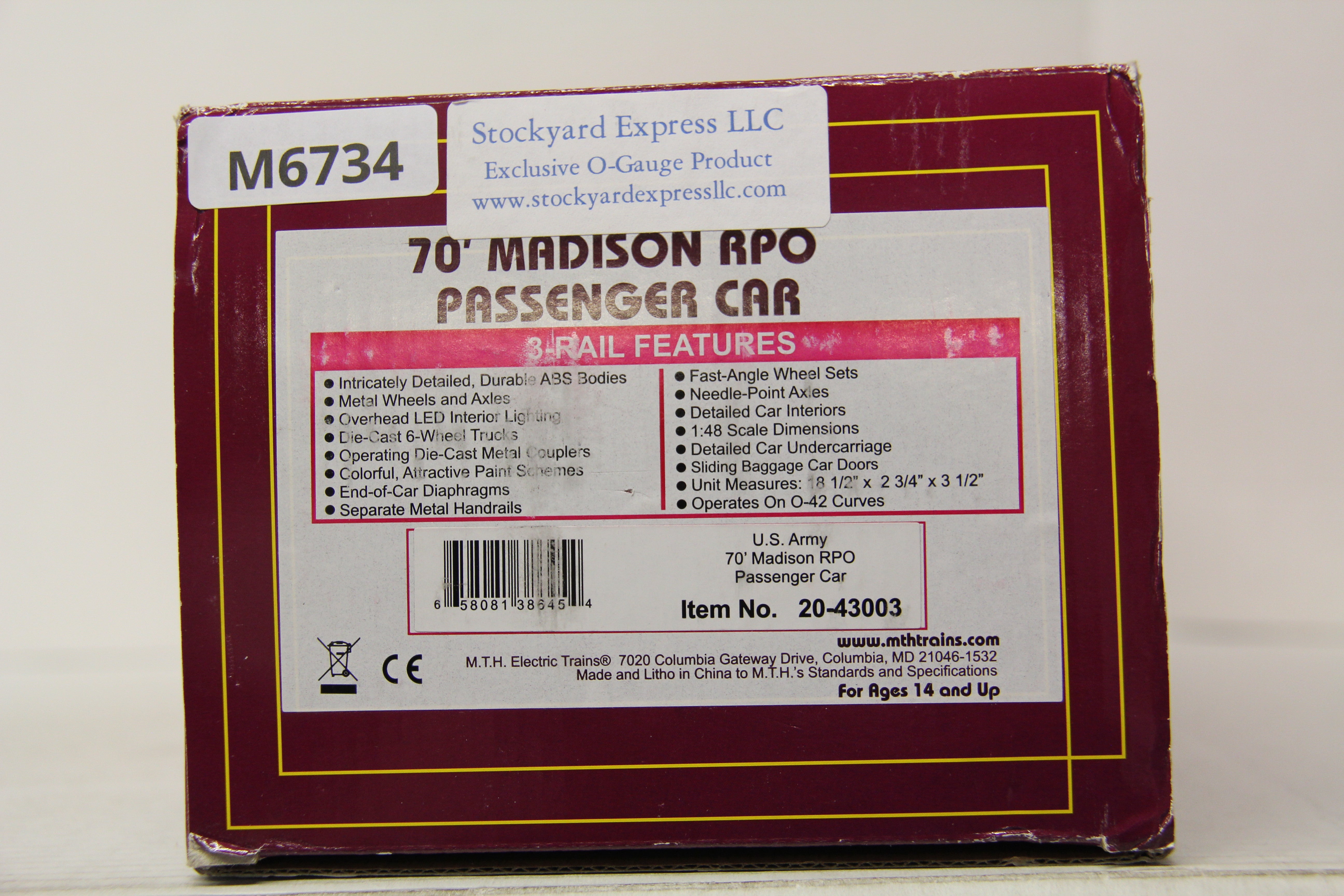 MTH 20-43003 US Army 70' Madison RPO Passenger Car-Second hand-M6734