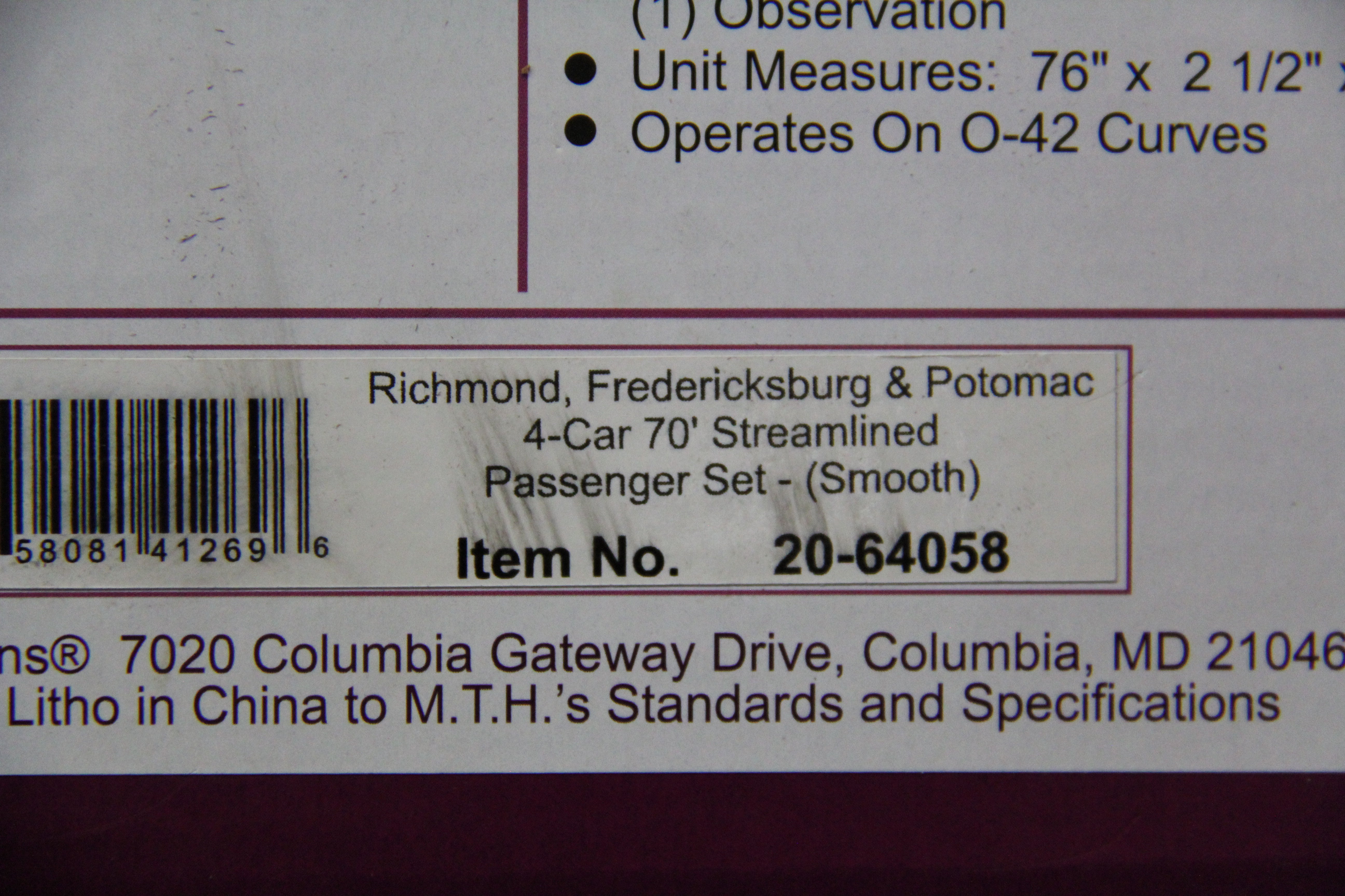 MTH 20-64058 & MTH 20-64059-70' Streamlined Pass Set "Richmond, Fredericksburg & Potomac" 6-Car Set Smooth Sided & RPO MTH 20-64062-Second hand-M4986