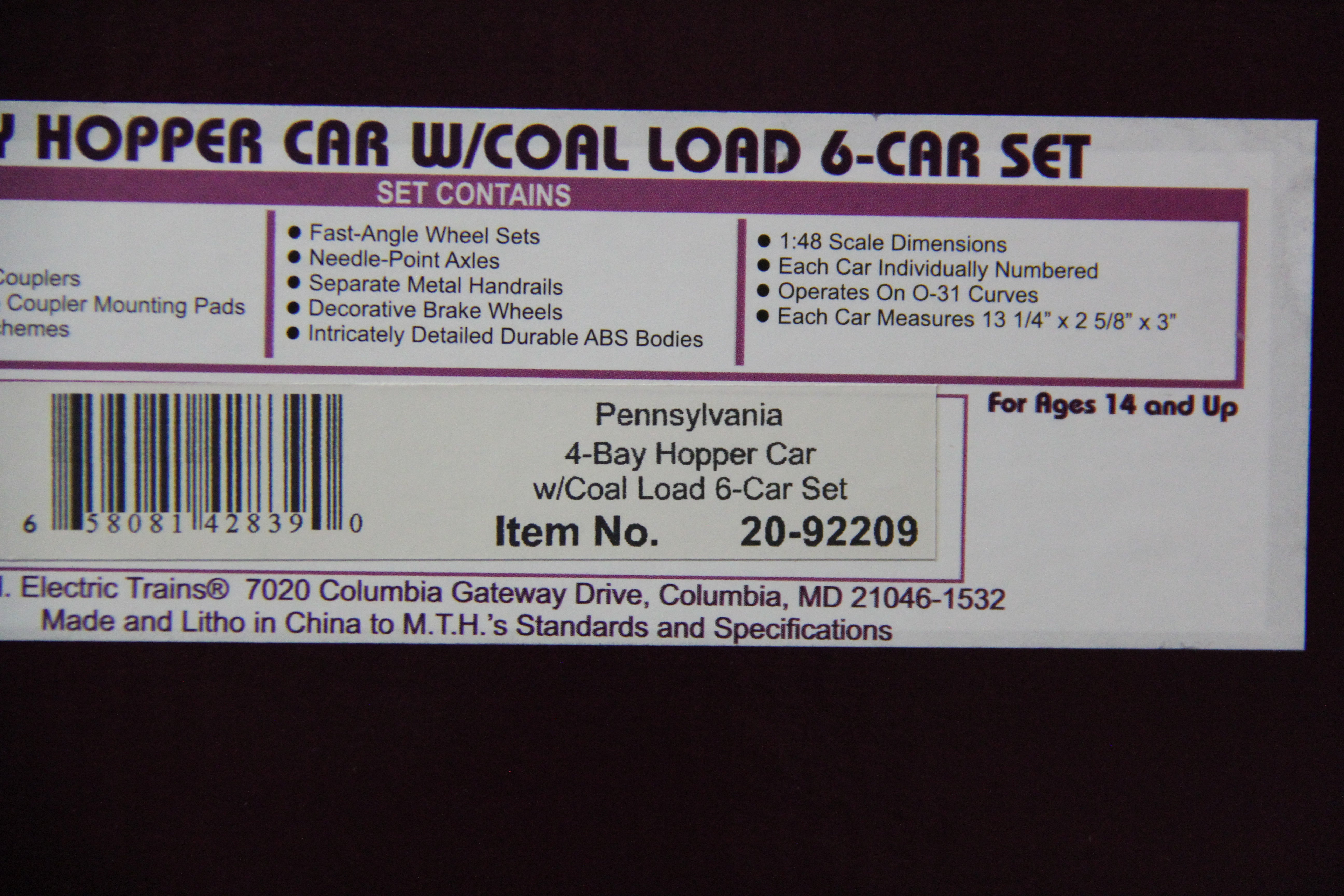 MTH 20-92209 Pennsylvania 4-Bay Hopper Car w/ Coal Load 6 Car Set #1-Second hand-M4989