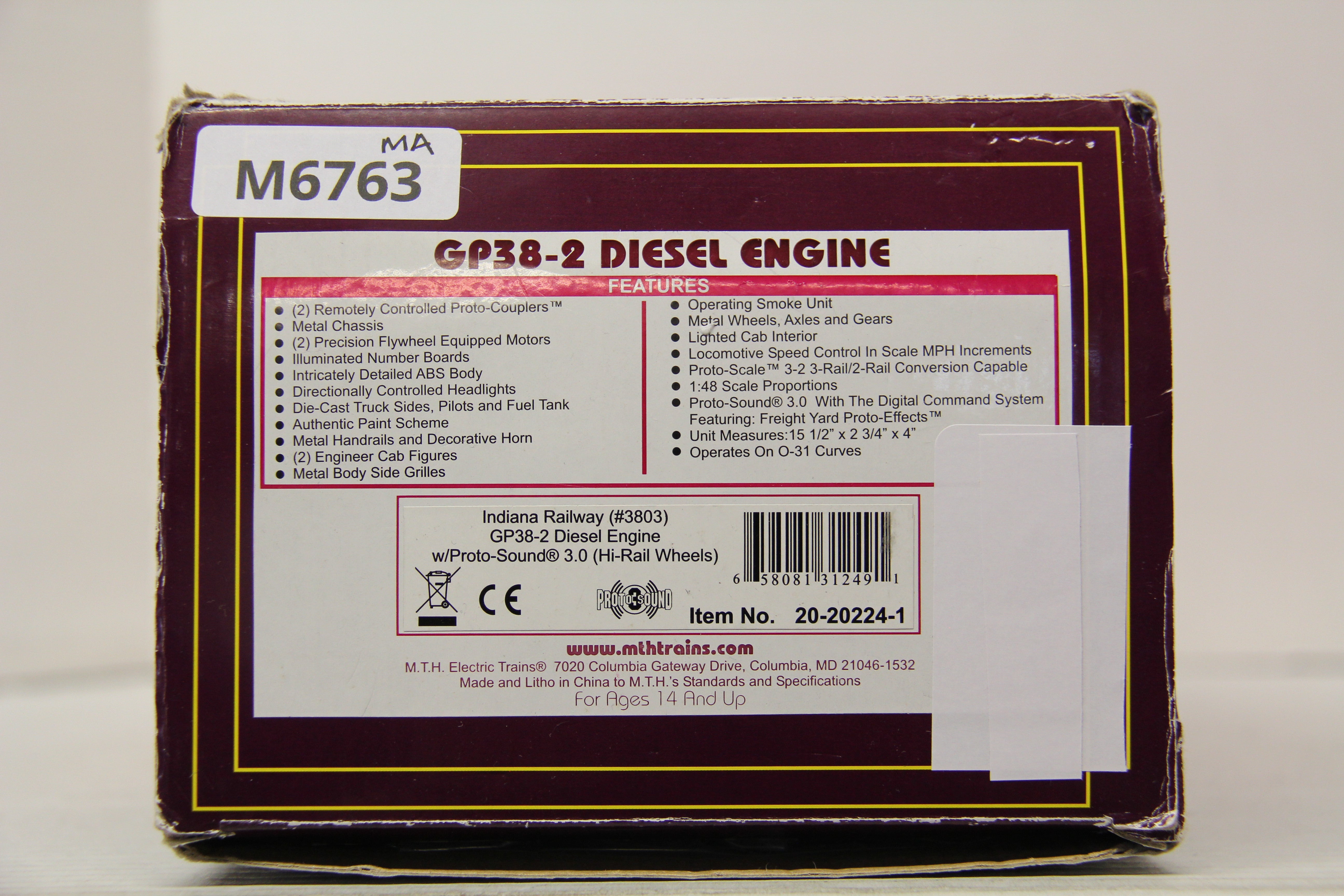 MTH 20-20224-1 Indiana Railway (#3803) GP38-2 Diesel Engine-Second hand-M6763