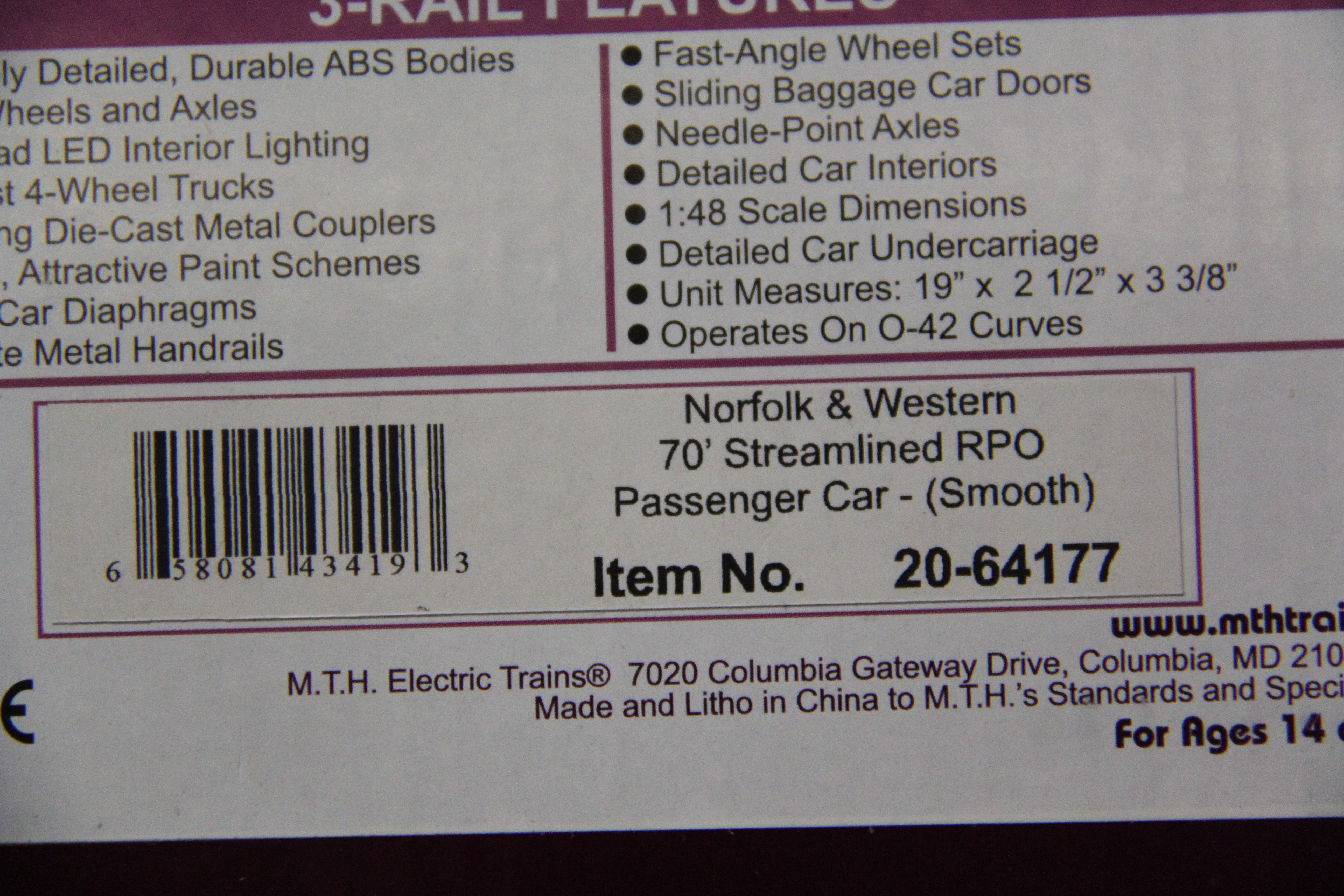 MTH 20-64174 Norfolk & Western 70' Streamlined (Smooth) 7 Car Pass Set & RPO-Second hand-M5045