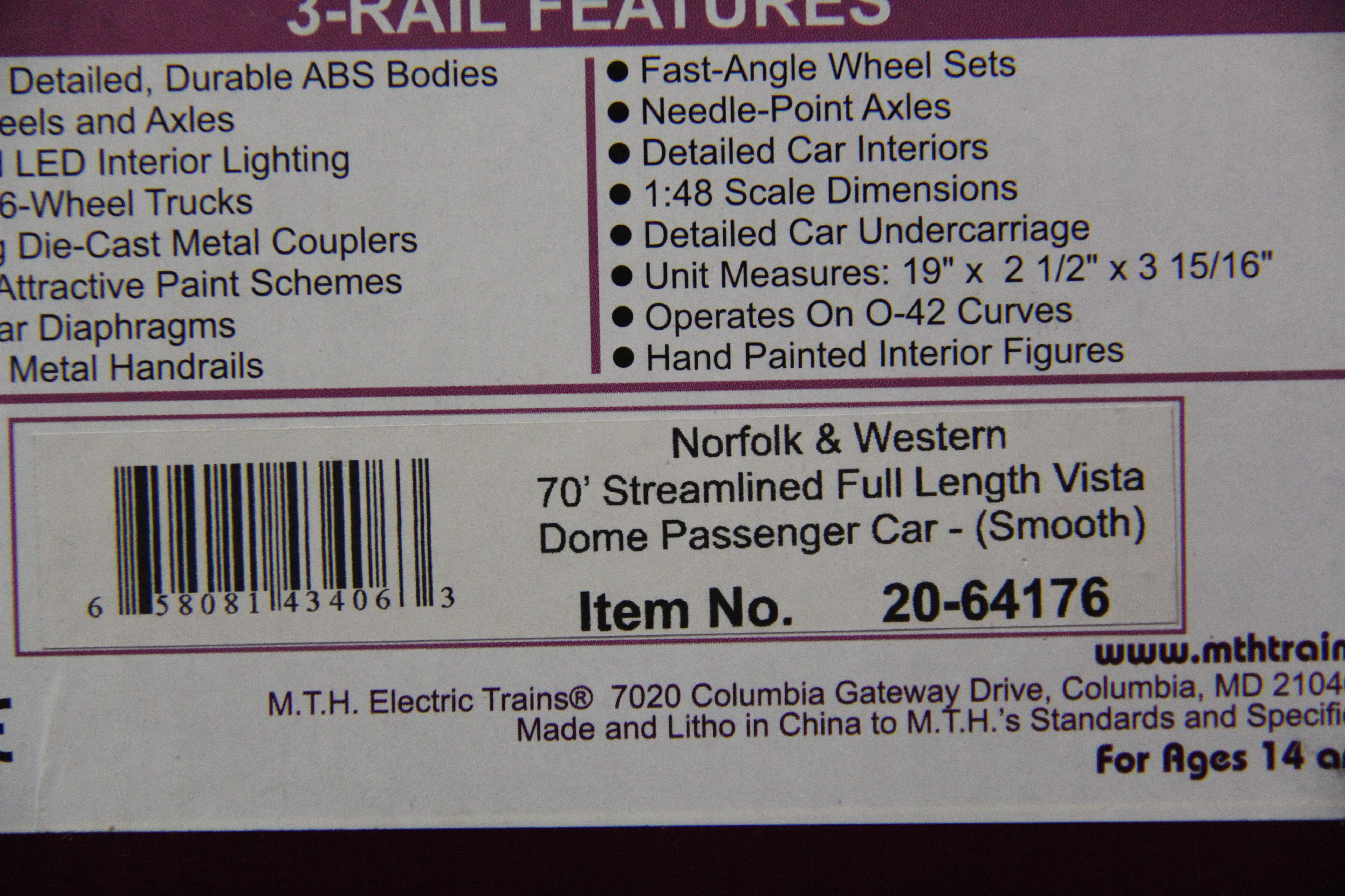 MTH 20-64174 Norfolk & Western 70' Streamlined (Smooth) 7 Car Pass Set & RPO-Second hand-M5045