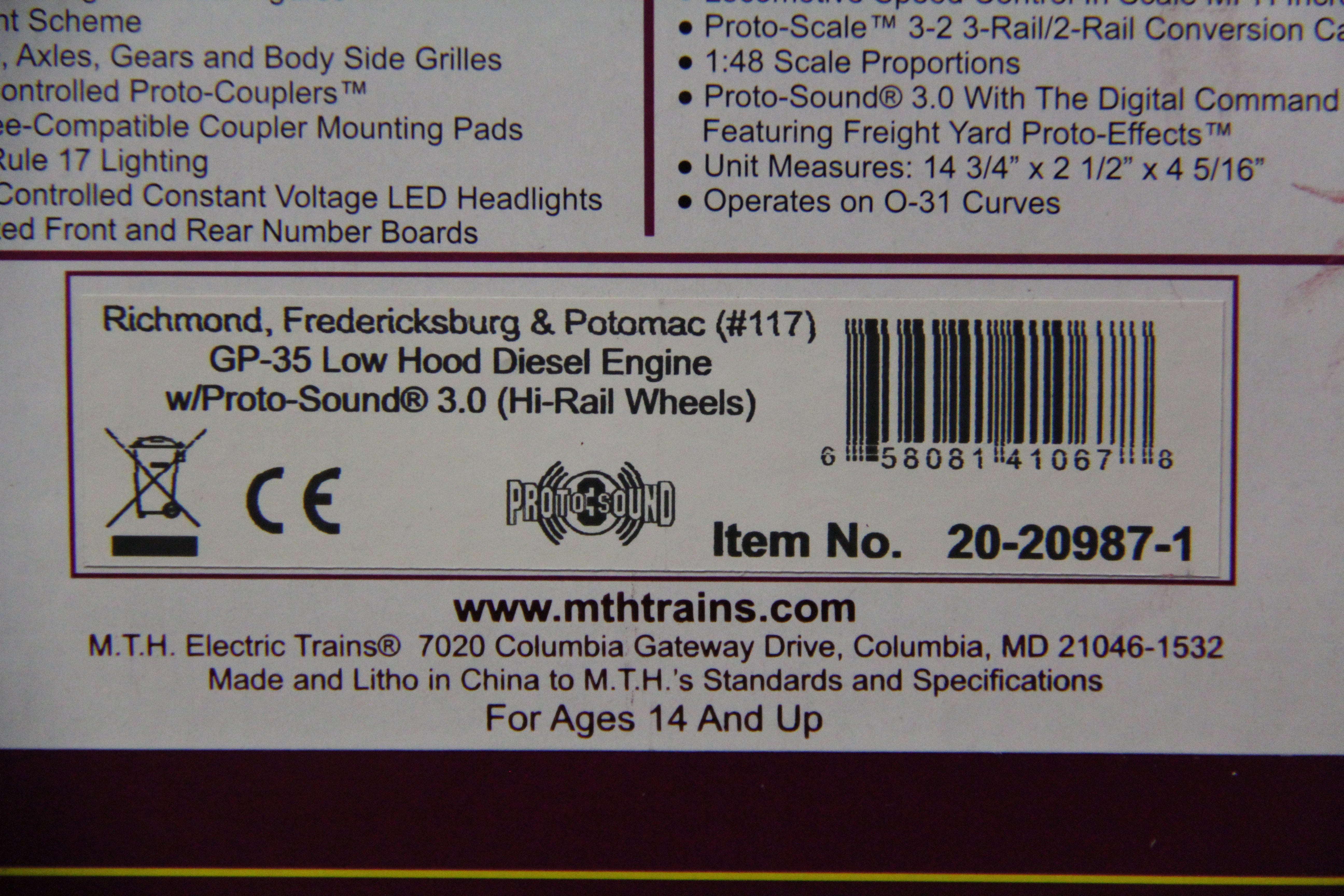 MTH 20-20987-1 - GP-35 Low Hood Diesel Engine "Richmond, Fredericksburg & Potomac" #117 w/ PS3 (Hi-Rail Wheels)-Second hand-M5046