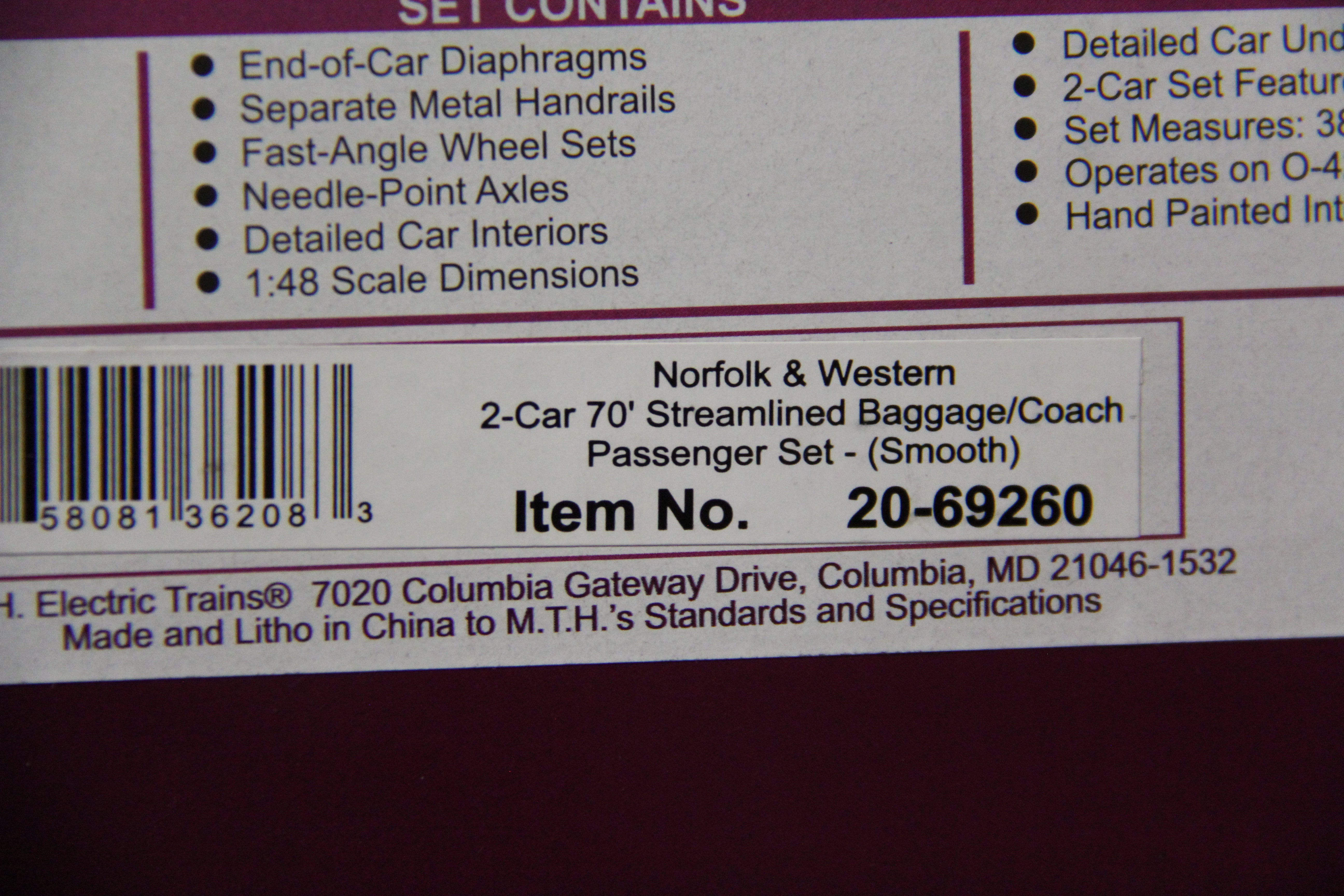 MTH 20-69260 - 70' Streamlined Baggage/Coach Passenger Set "Norfolk & Western" (2-Car)-Second hand-M5048