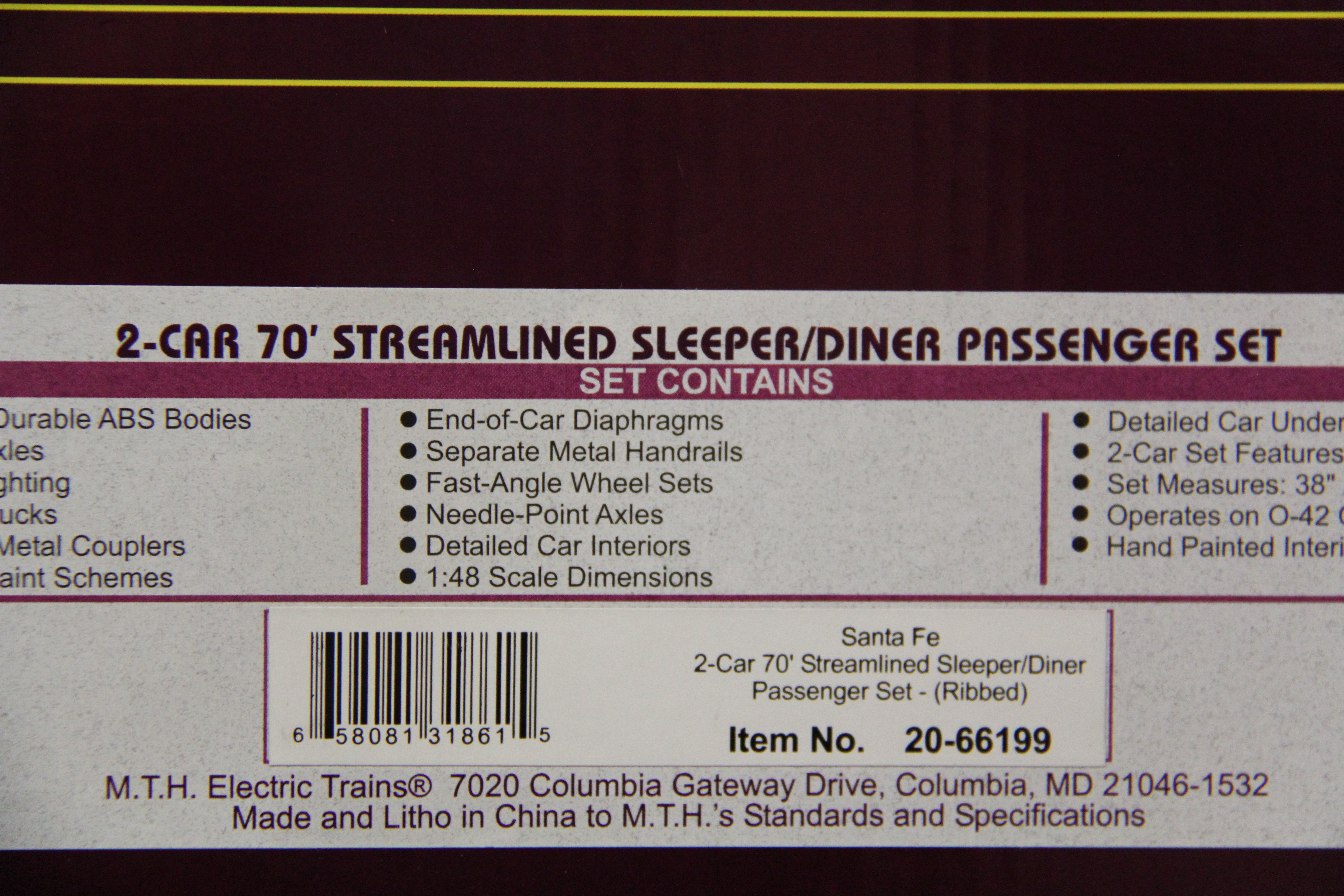 MTH 20-66199 Santa Fe 2-Car 70' Streamlined Sleeper/Diner Passenger Set (Ribbed Sided)-Second hand-M5050