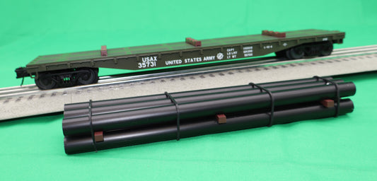 Atlas O 3001887 - Trainman - 52'6" Flat Car "U.S. Army Transportation Corps" (USAX) w/ Pipe Load